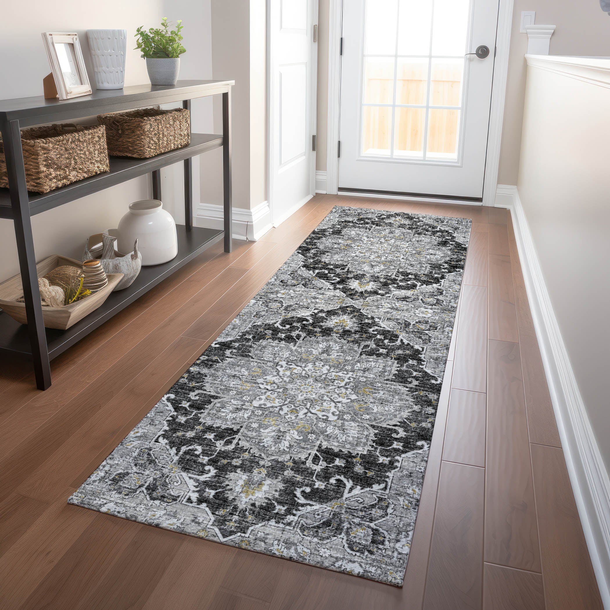 Athens Machine Washable Traditional Shadow Gray Rug 2'3" x 7'6" #shape_Runner
