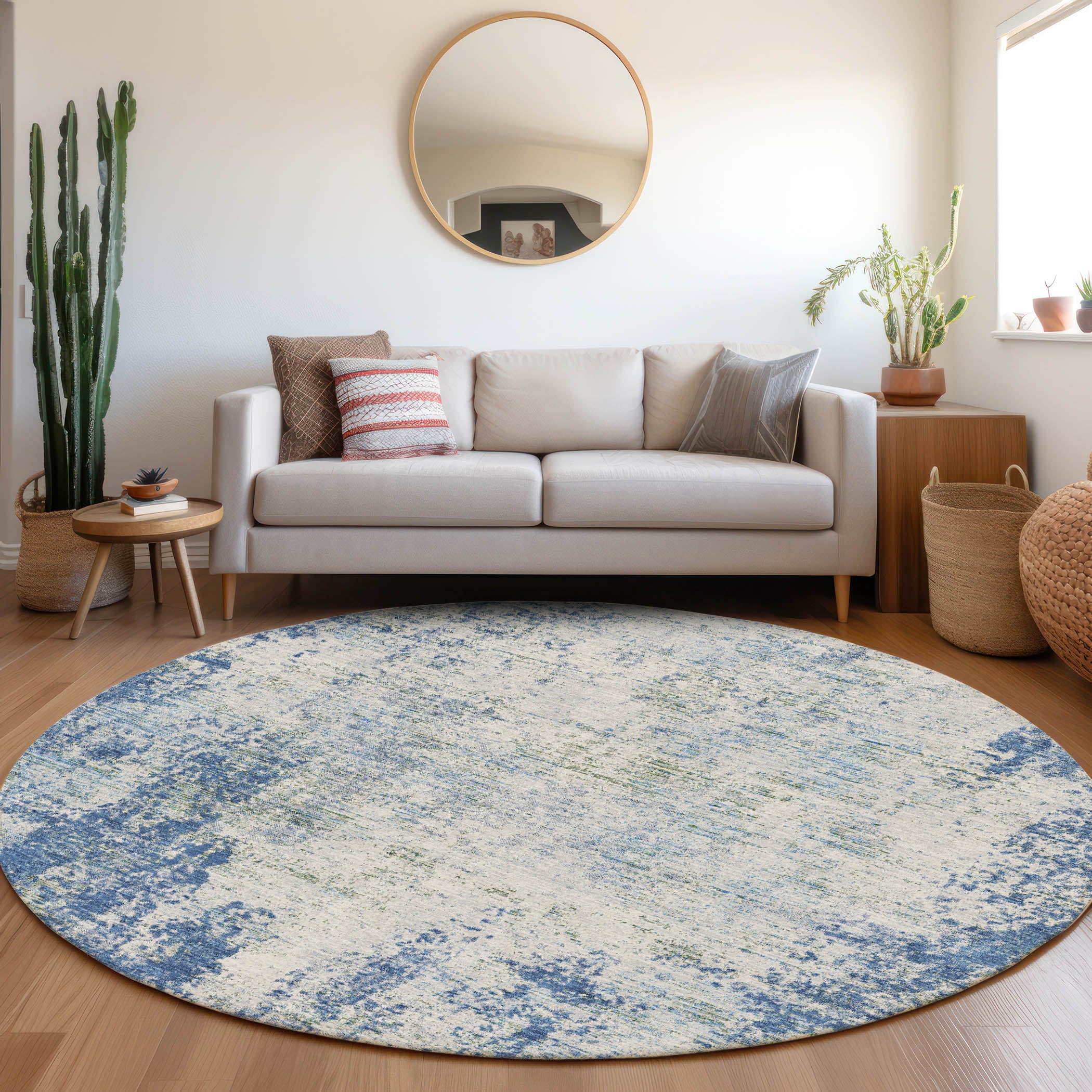 Bogota Machine Washable Transitional Denim Blue Rug 8' x 8' #shape_Round