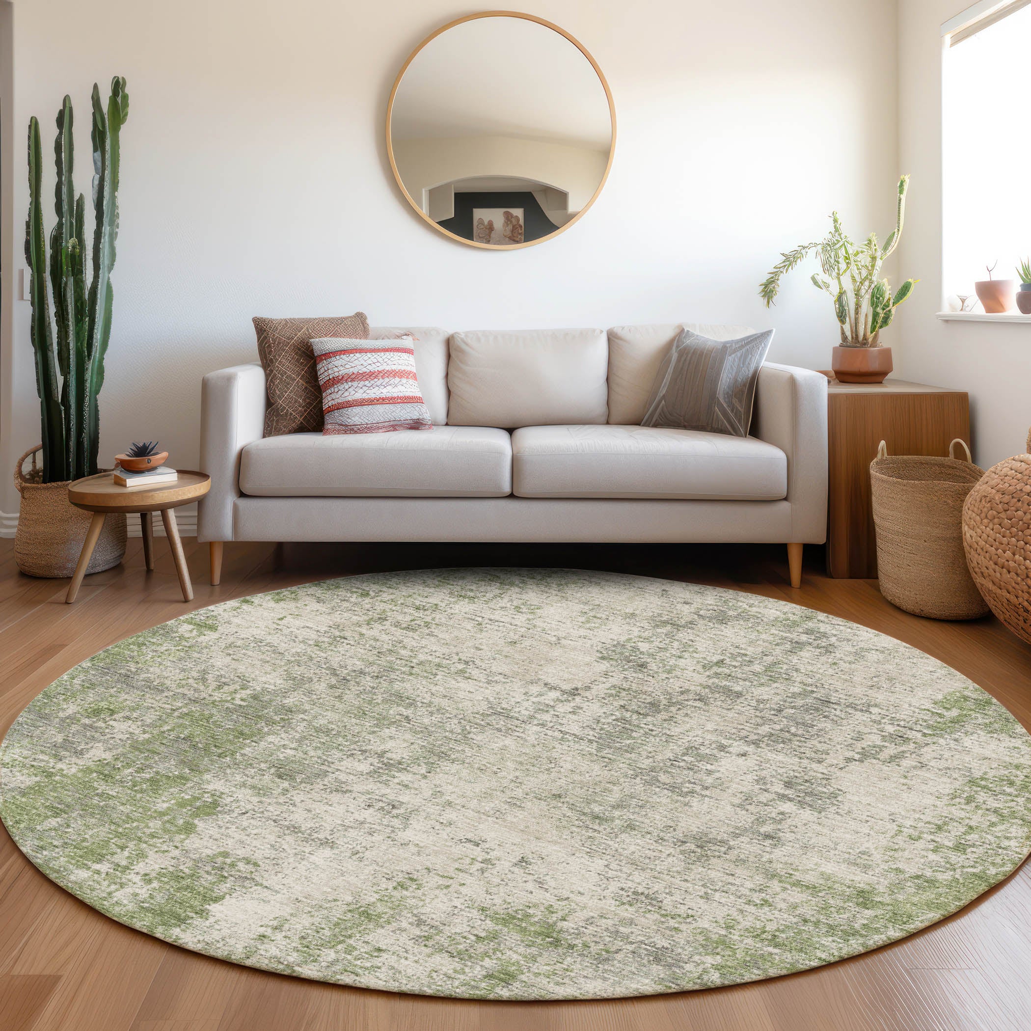 Bogota Machine Washable Transitional Green Rug 8' x 8' #shape_Round