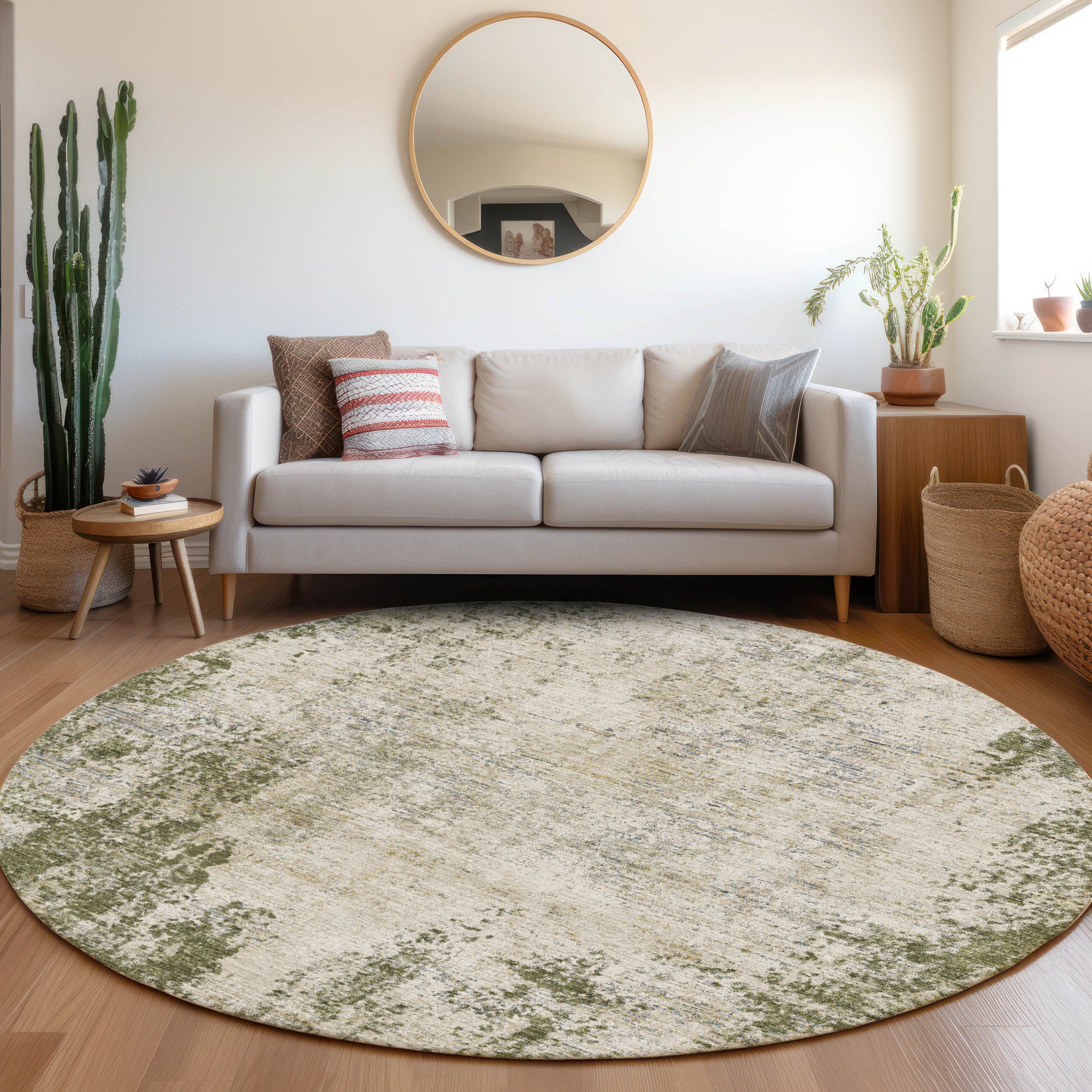 Bogota Machine Washable Transitional Olive Green Rug 8' x 8' #shape_Round