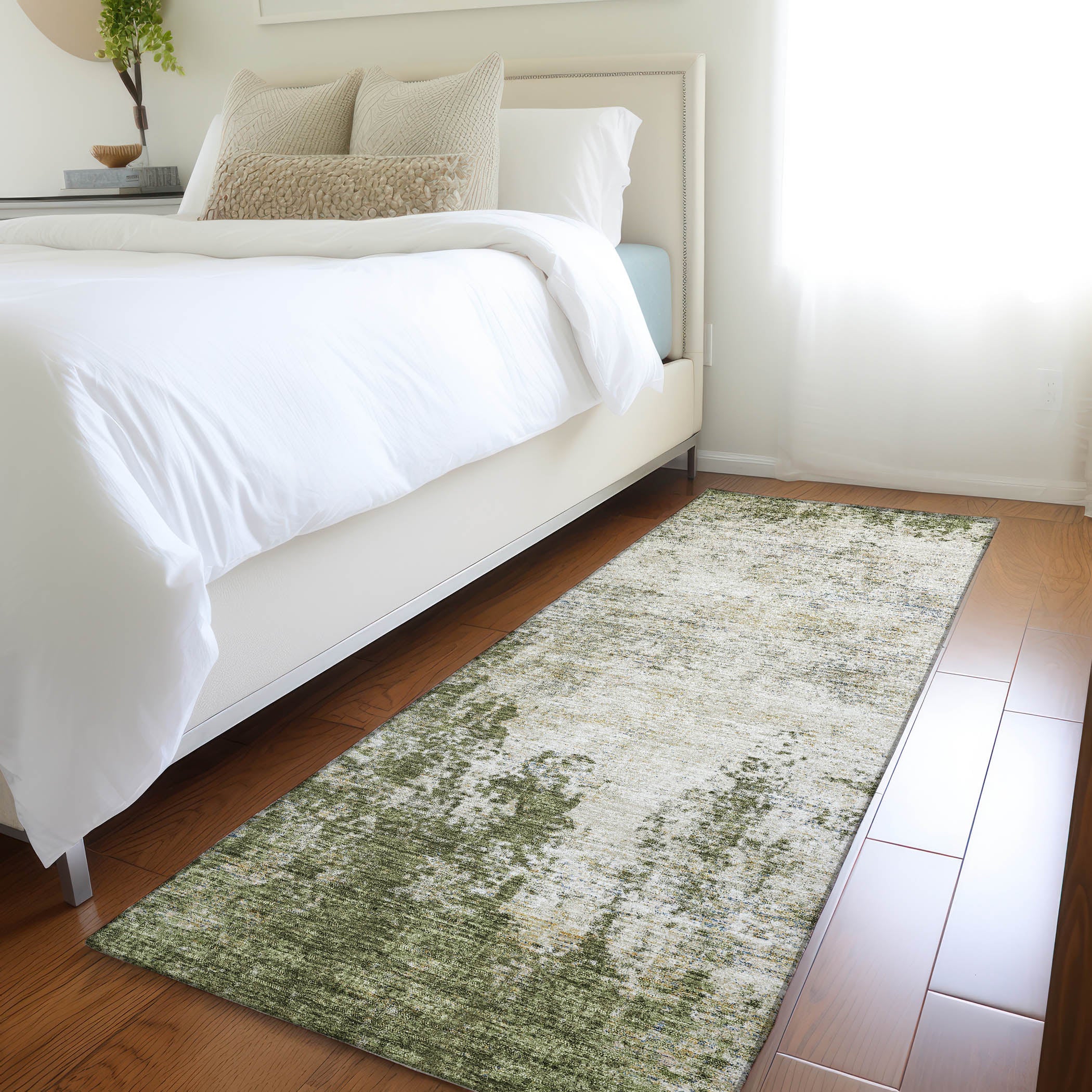 Bogota Machine Washable Transitional Olive Green Rug 2'3" x 7'6" #shape_Runner