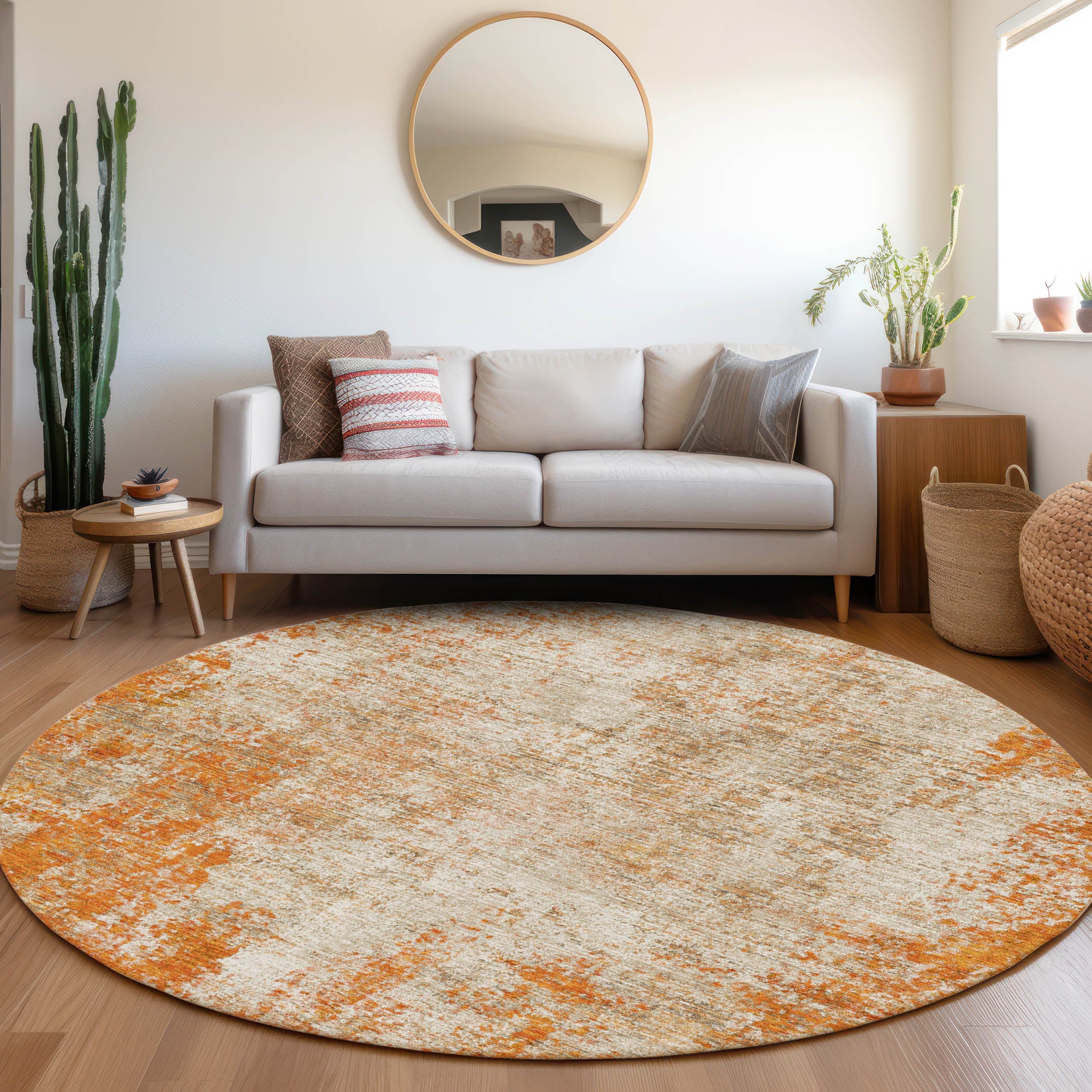 Bogota Machine Washable Transitional Orange Rug 8' x 8' #shape_Round