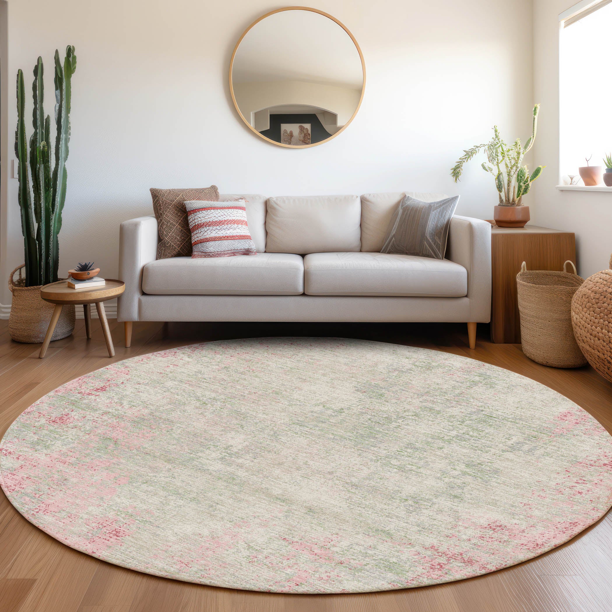 Bogota Machine Washable Transitional Pink Rug 8' x 8' #shape_Round