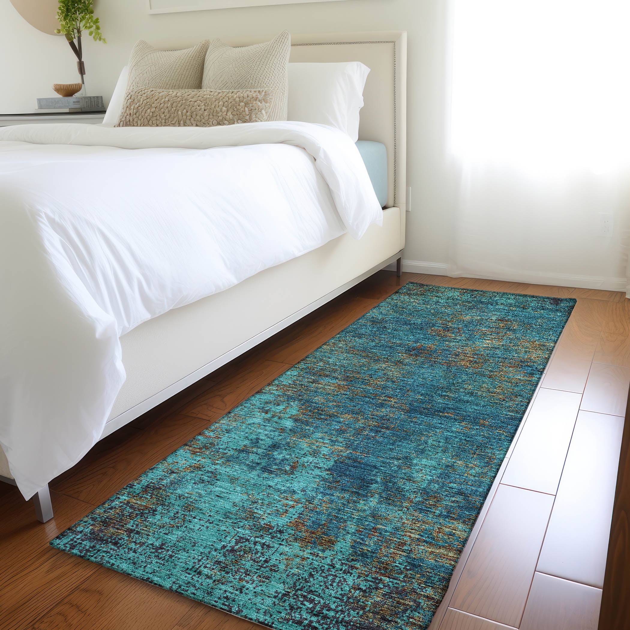 Bogota Machine Washable Transitional Teal Rug 2'3" x 7'6" #shape_Runner