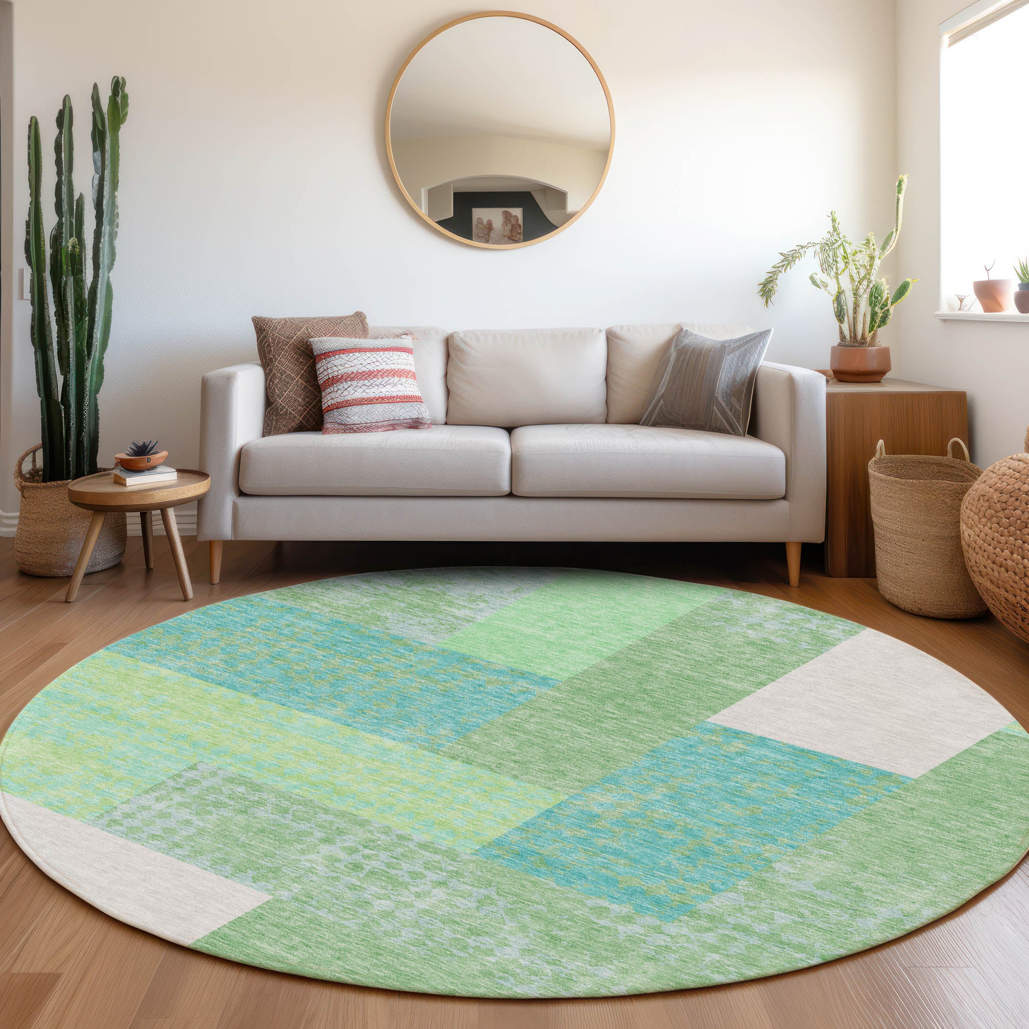 Nairobi Machine Washable Transitional Aloe Green Rug 8' x 8' #shape_Round