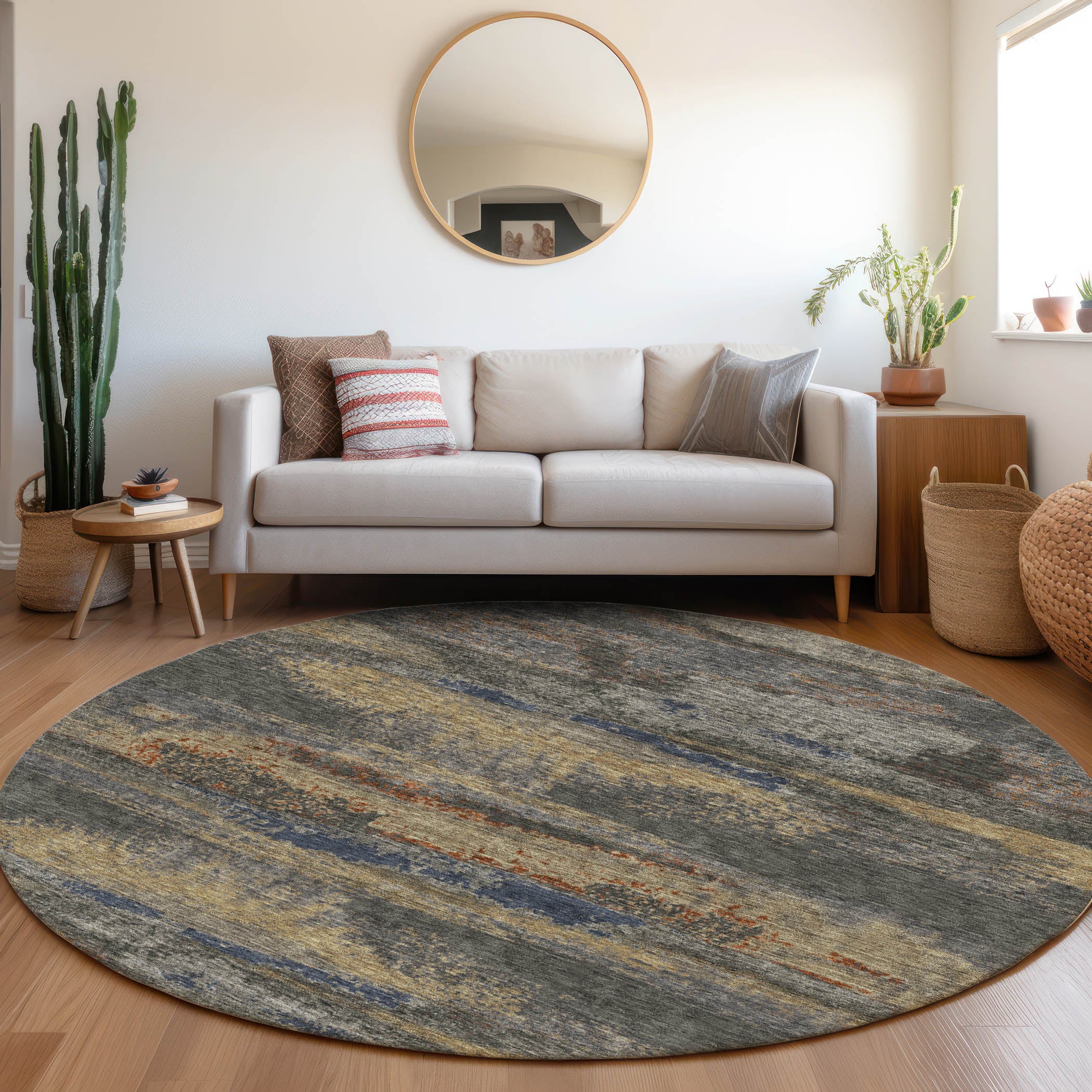 Baku Machine Washable Transitional Graphite Gray Rug 8' x 8' #shape_Round