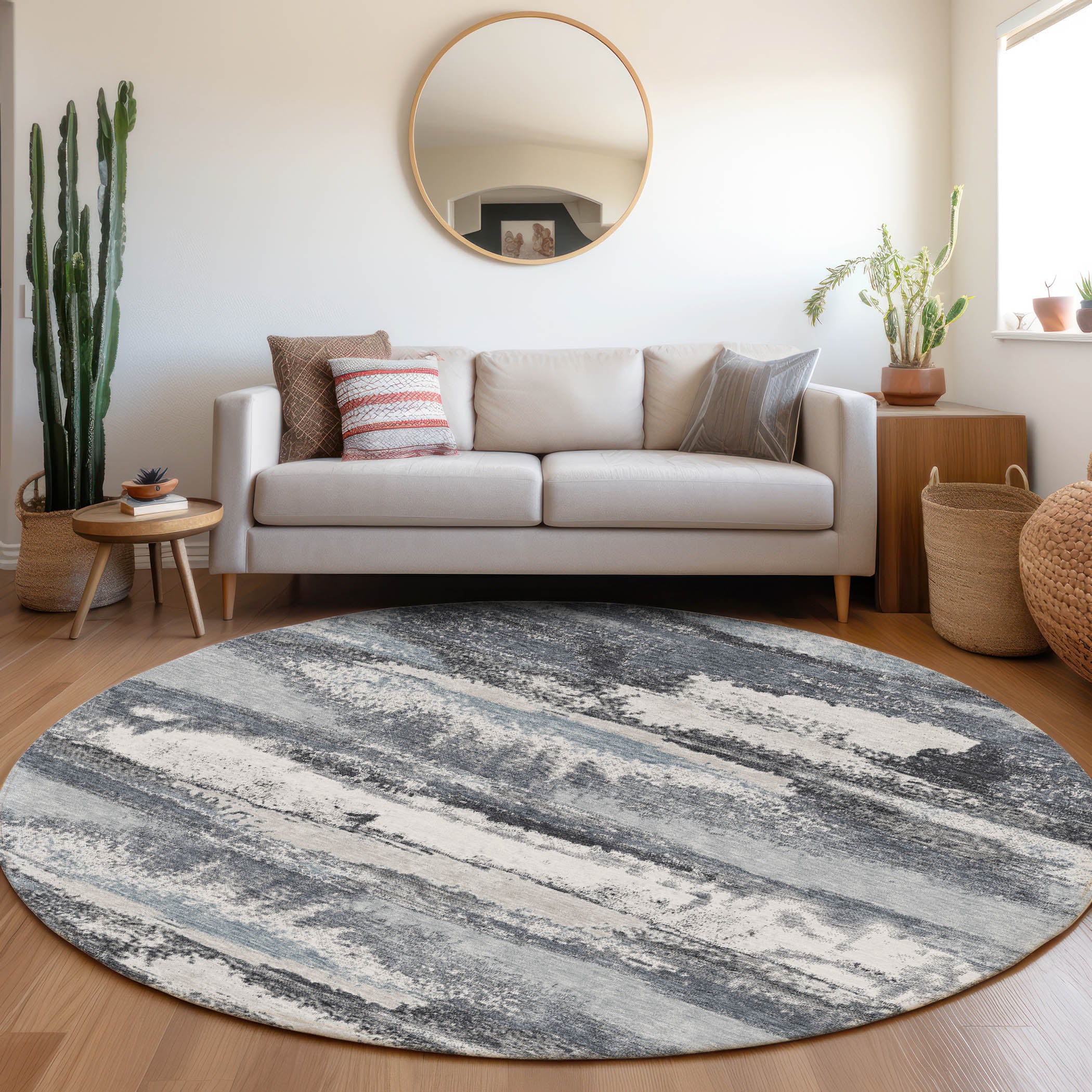 Baku Machine Washable Transitional Gray Rug 8' x 8' #shape_Round