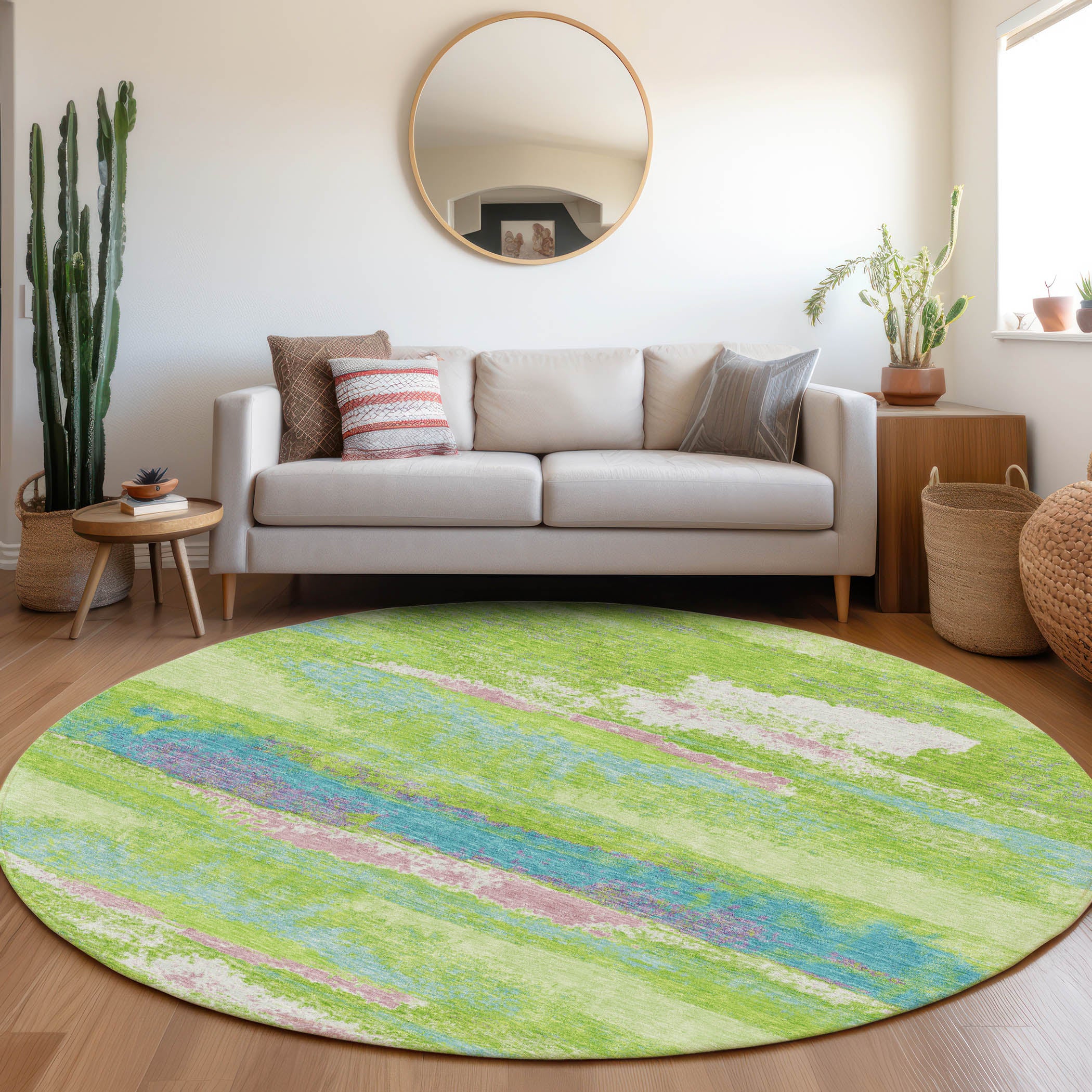 Baku Machine Washable Transitional Lime Green Rug 8' x 8' #shape_Round