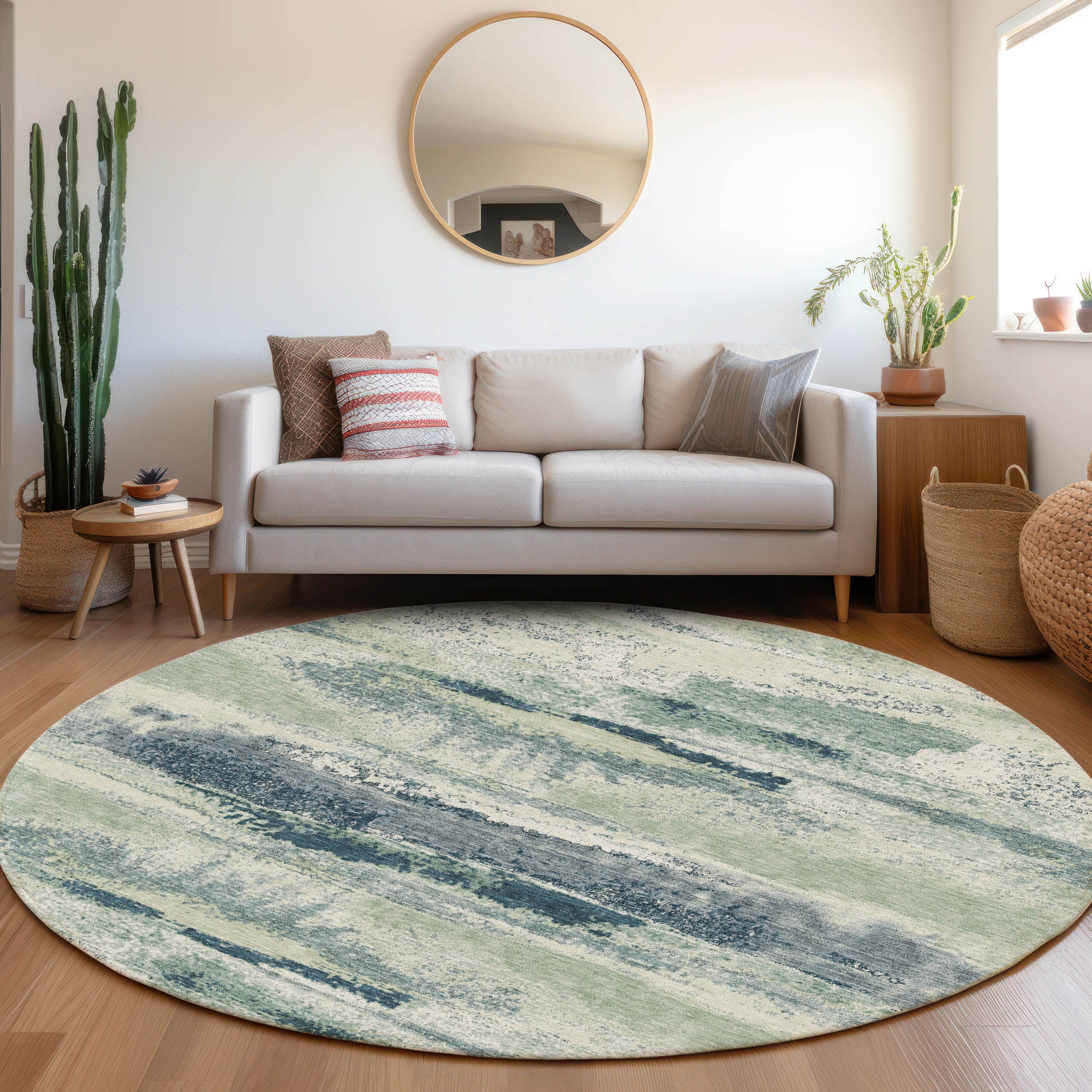 Baku Machine Washable Transitional Mint Green Rug 8' x 8' #shape_Round
