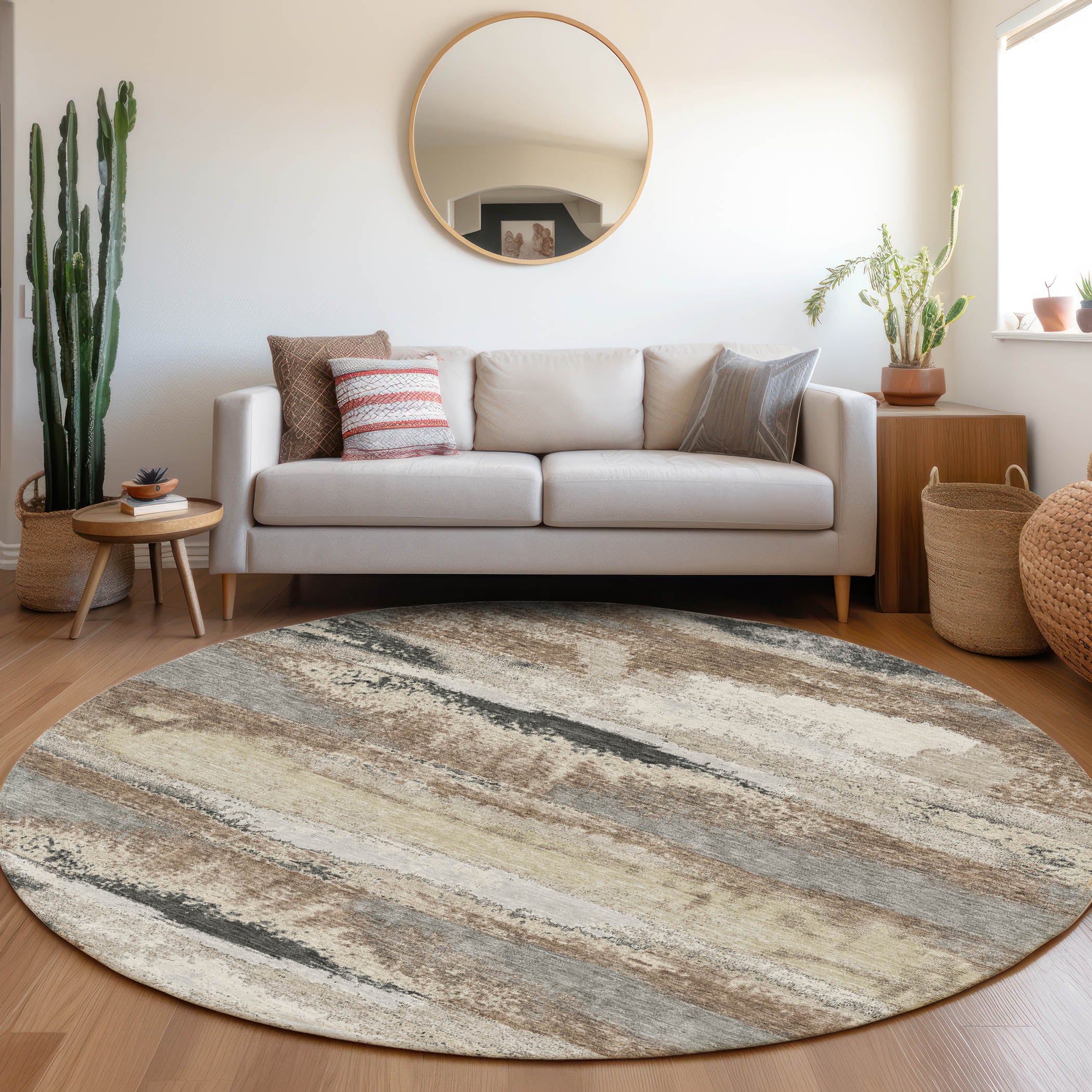 Baku Machine Washable Transitional Taupe Brown Rug 8' x 8' #shape_Round