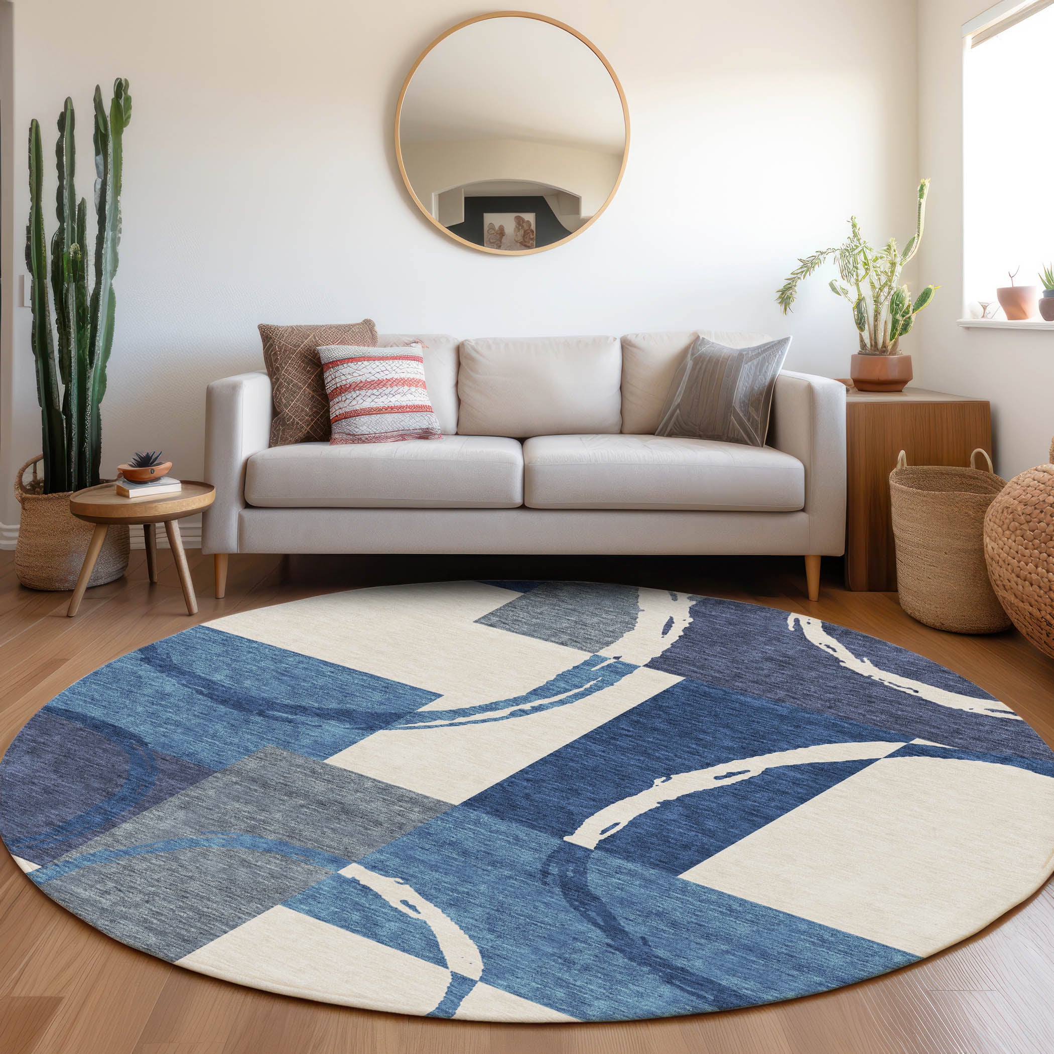 Istanbul Machine Washable Transitional Blue Rug 8' x 8' #shape_Round
