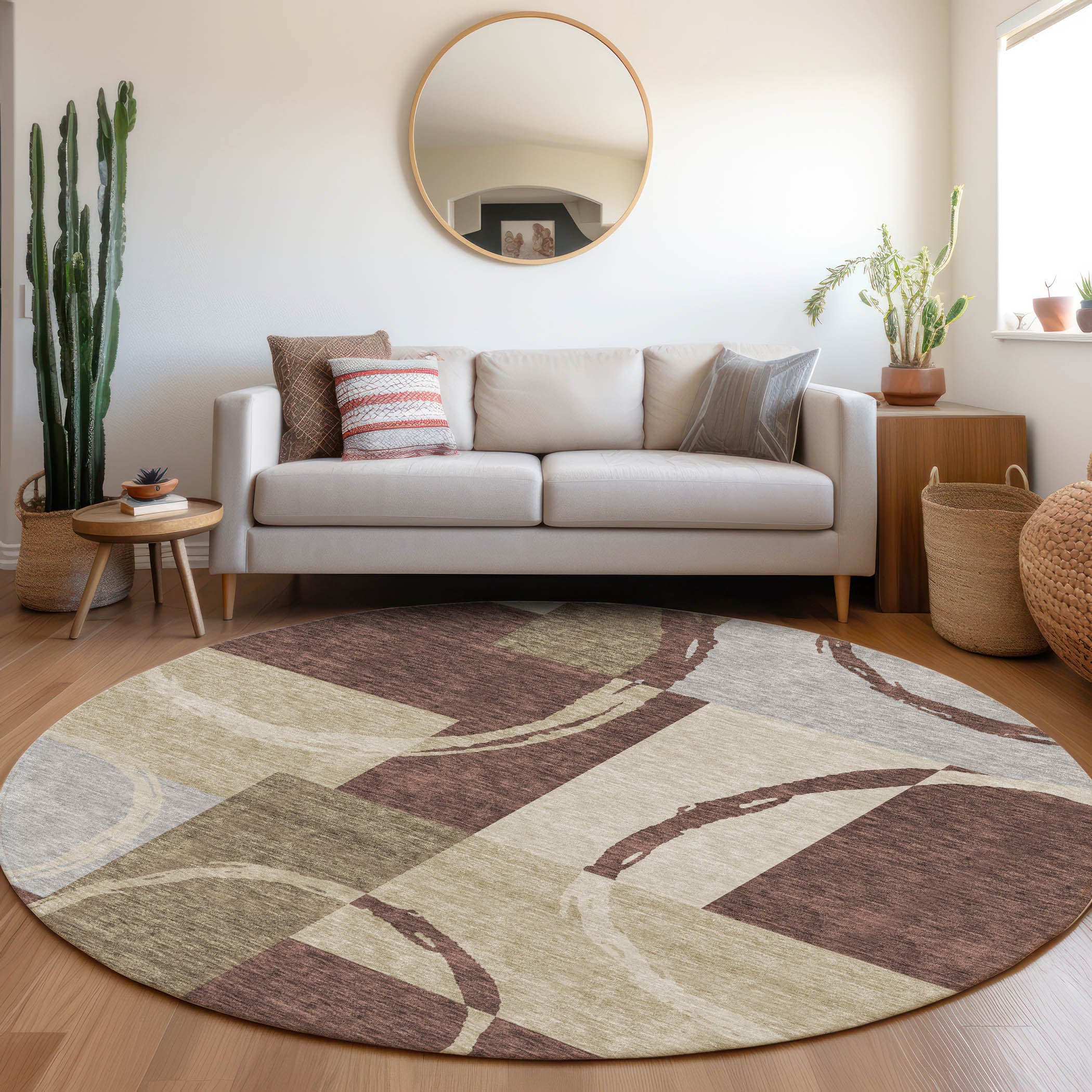Istanbul Machine Washable Transitional Brown Rug 8' x 8' #shape_Round