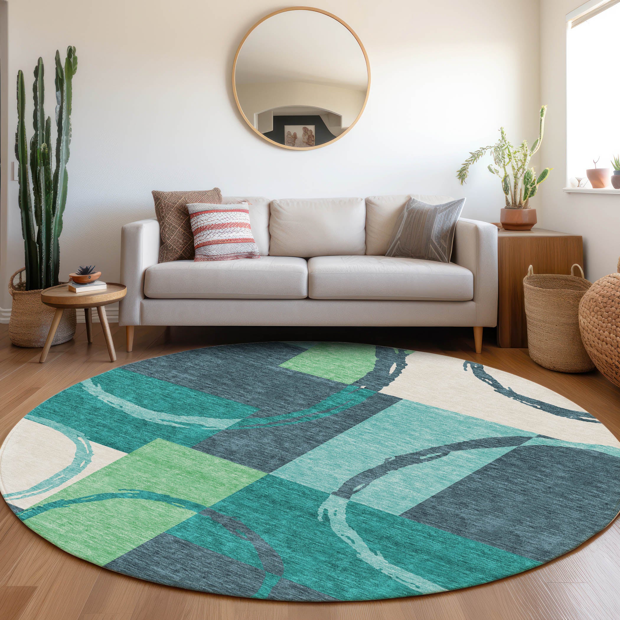 Istanbul Machine Washable Transitional Teal Rug 8' x 8' #shape_Round