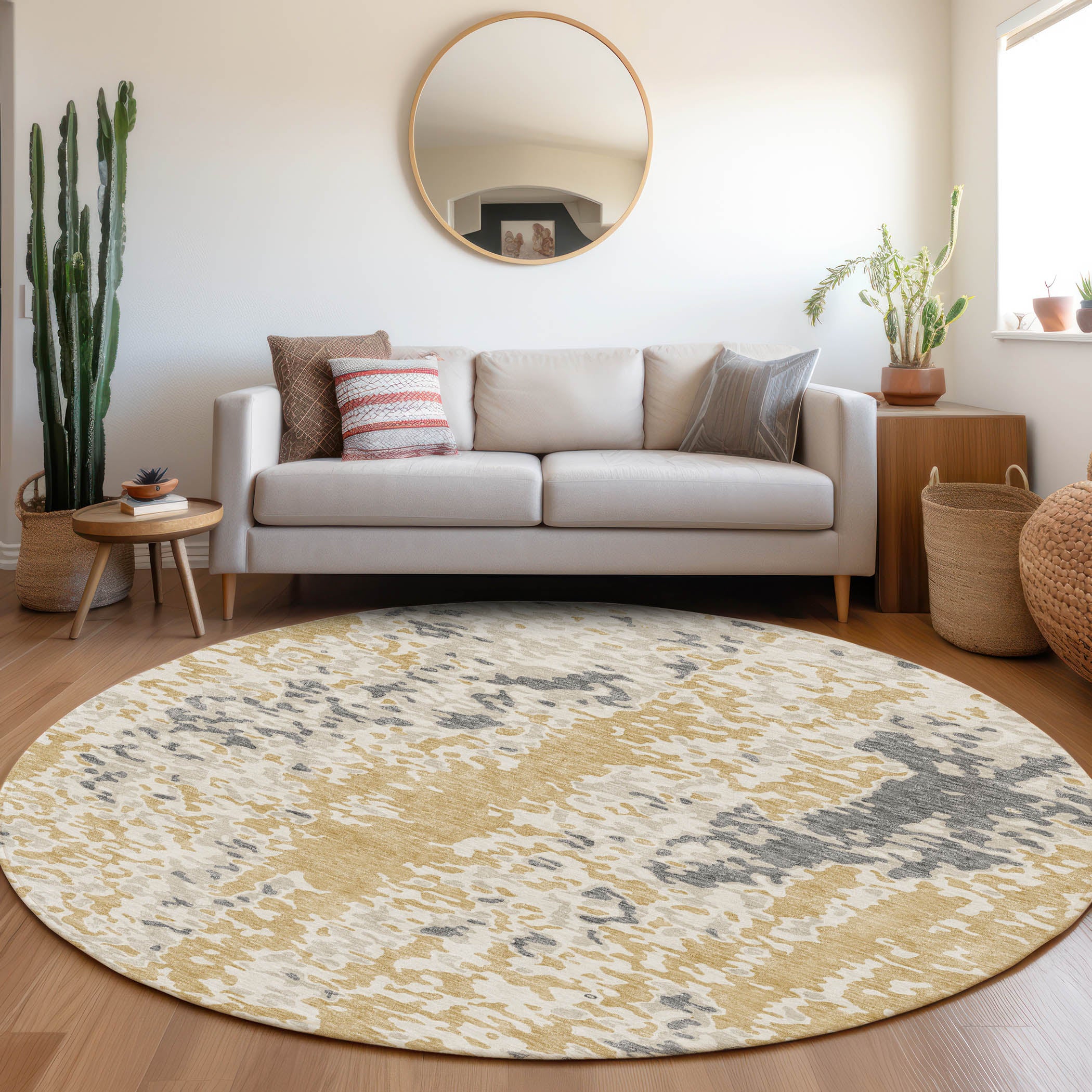Mdina Machine Washable Transitional Gold Rug 8' x 8' #shape_Round