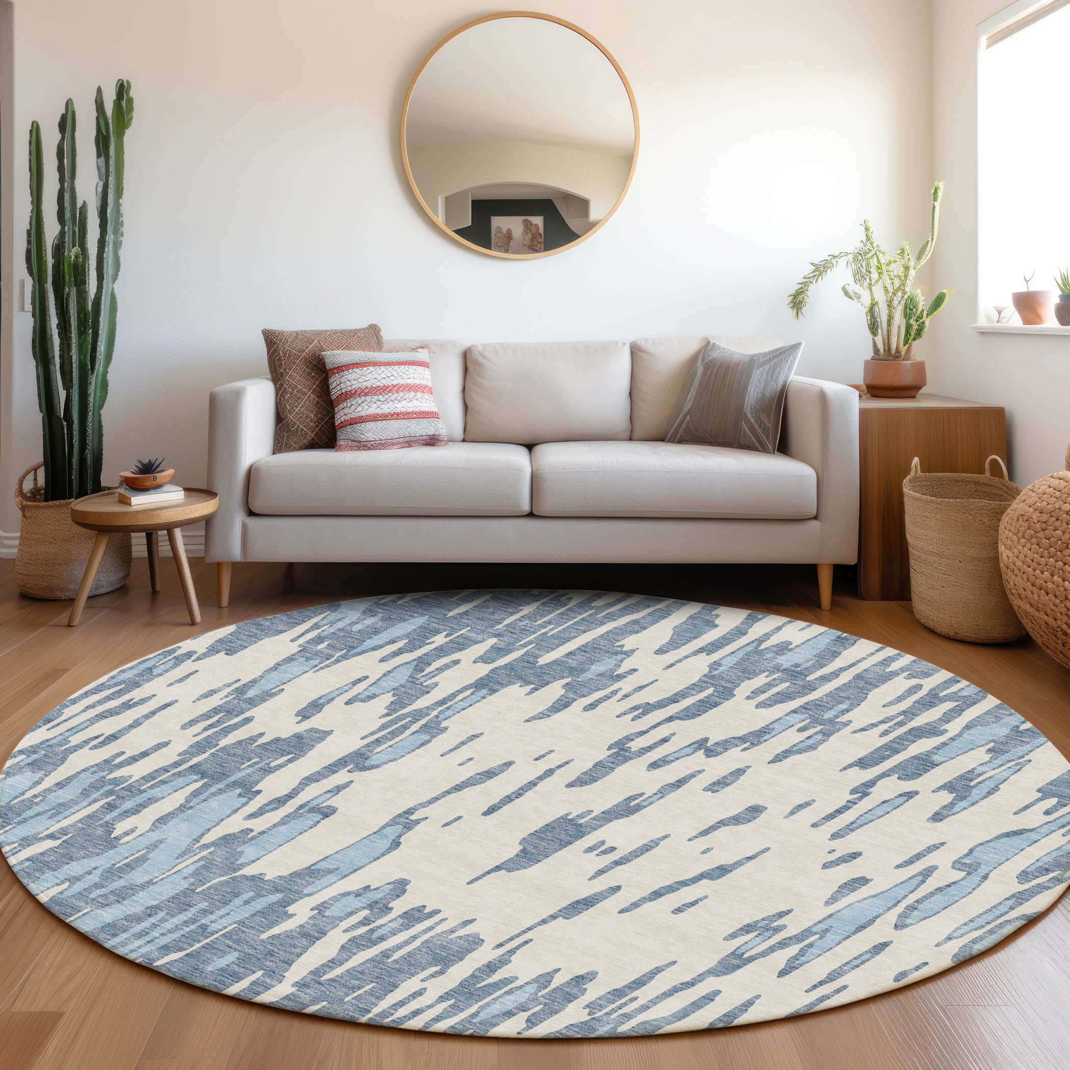 Porto Machine Washable Transitional Denim Blue Rug 8' x 8' #shape_Round