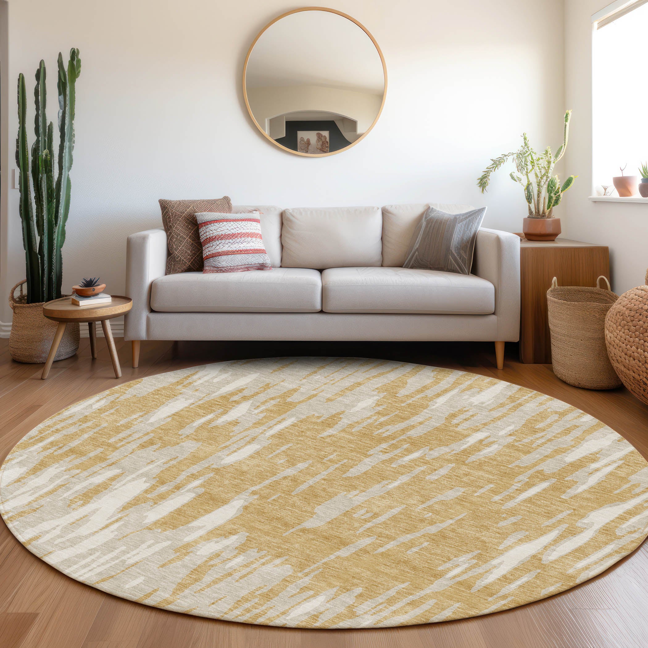 Porto Machine Washable Transitional Gold Rug 8' x 8' #shape_Round