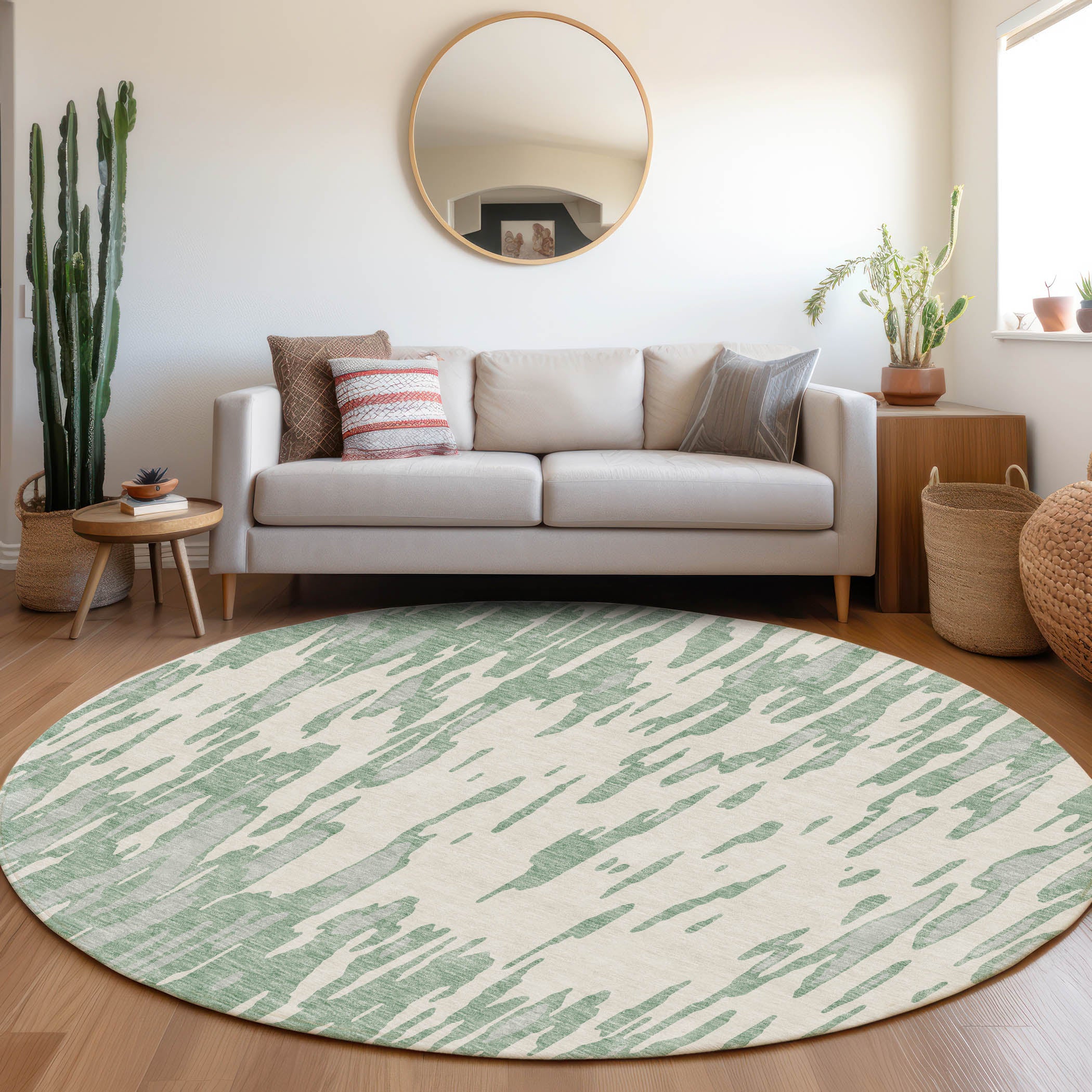 Porto Machine Washable Transitional Sage Green Rug 8' x 8' #shape_Round
