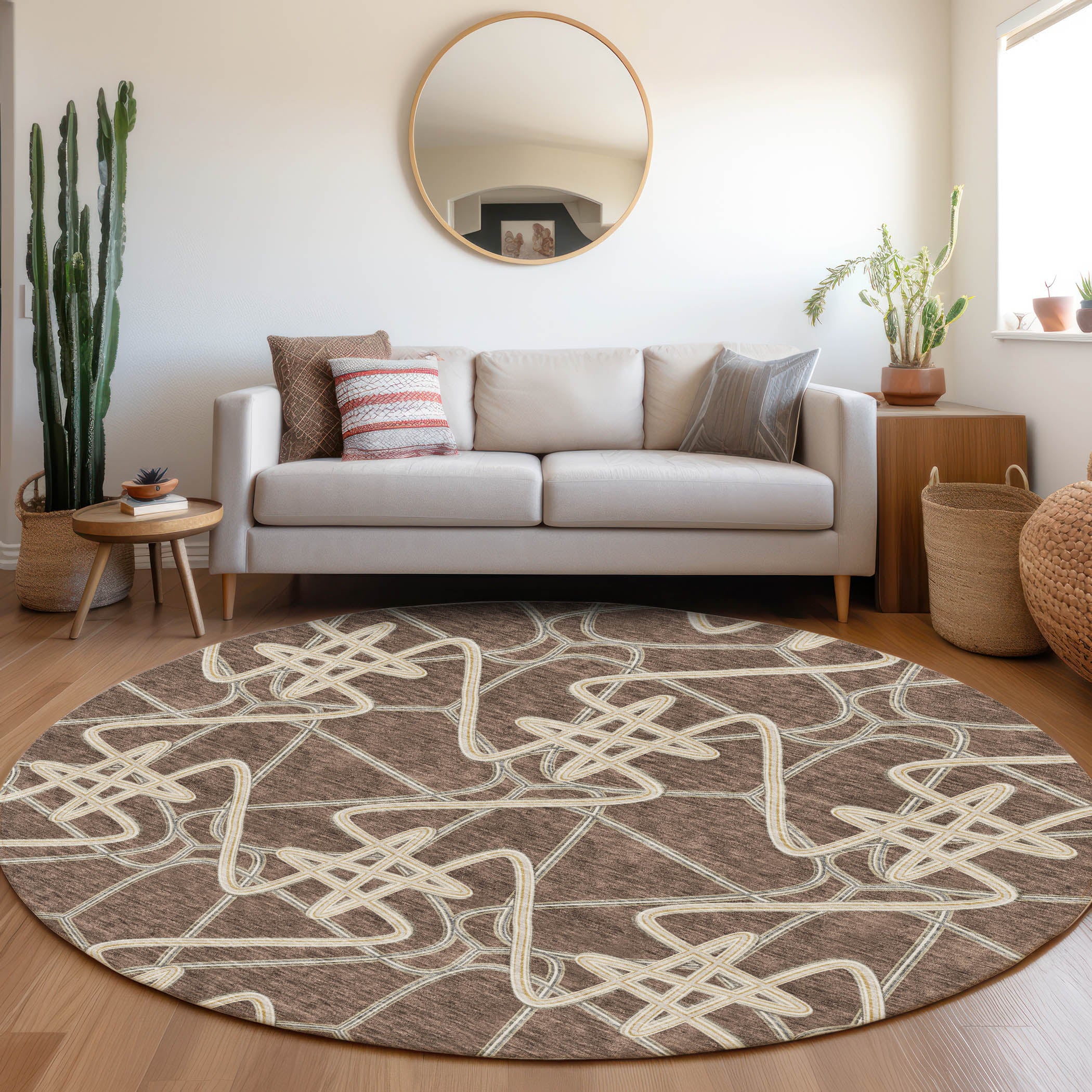 Cusco Machine Washable Transitional Brown Rug 8' x 8' #shape_Round