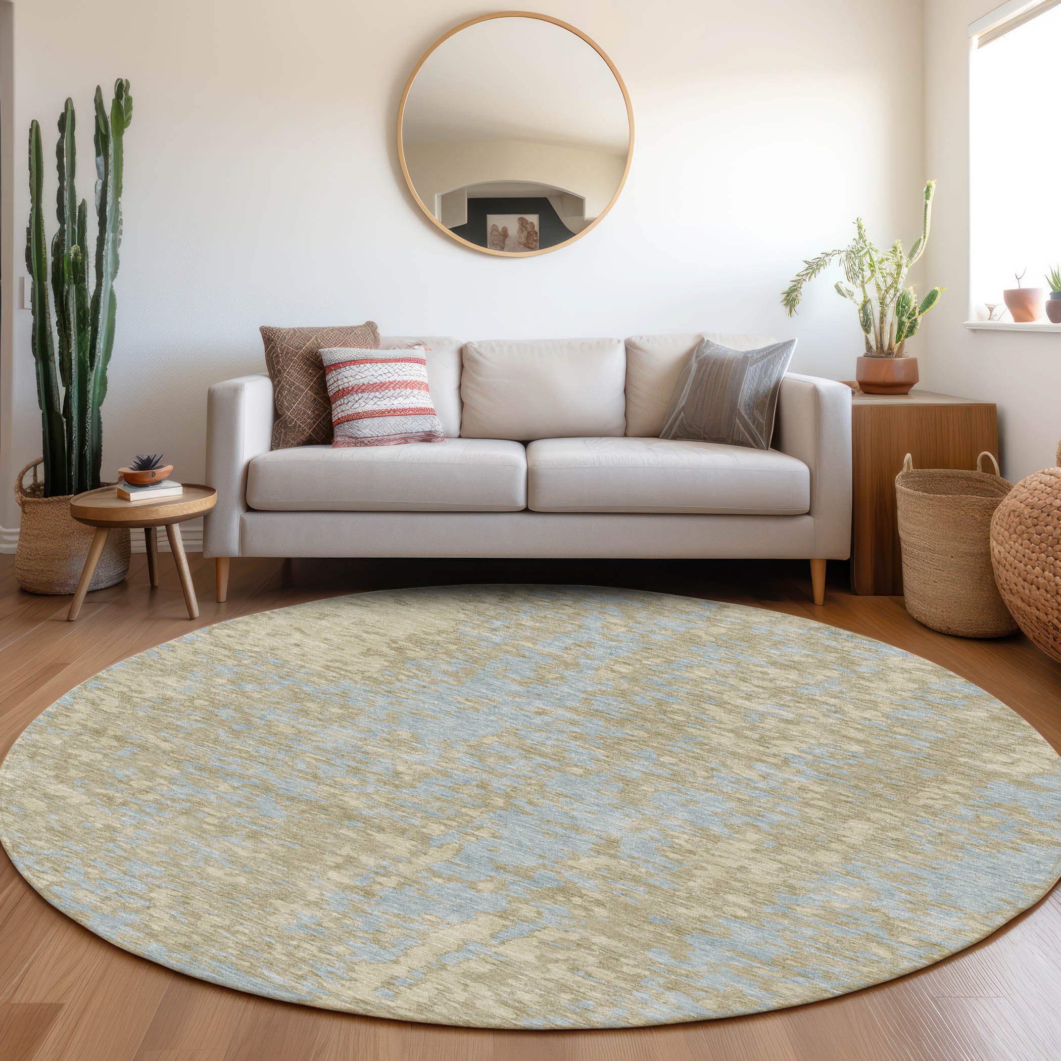 Rome Machine Washable Transitional Beige Brown Rug 8' x 8' #shape_Round