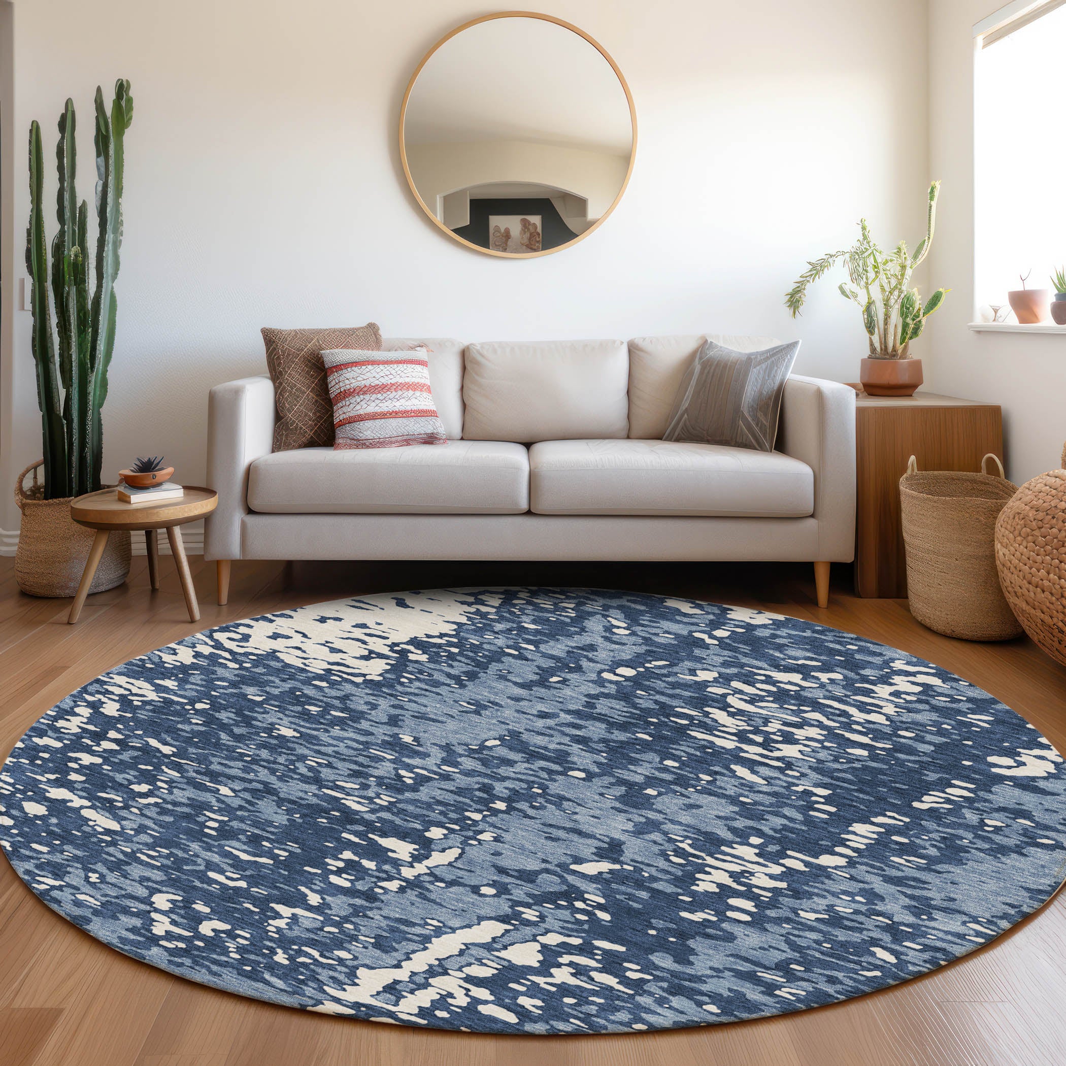 Rome Machine Washable Transitional Denim Blue Rug 8' x 8' #shape_Round