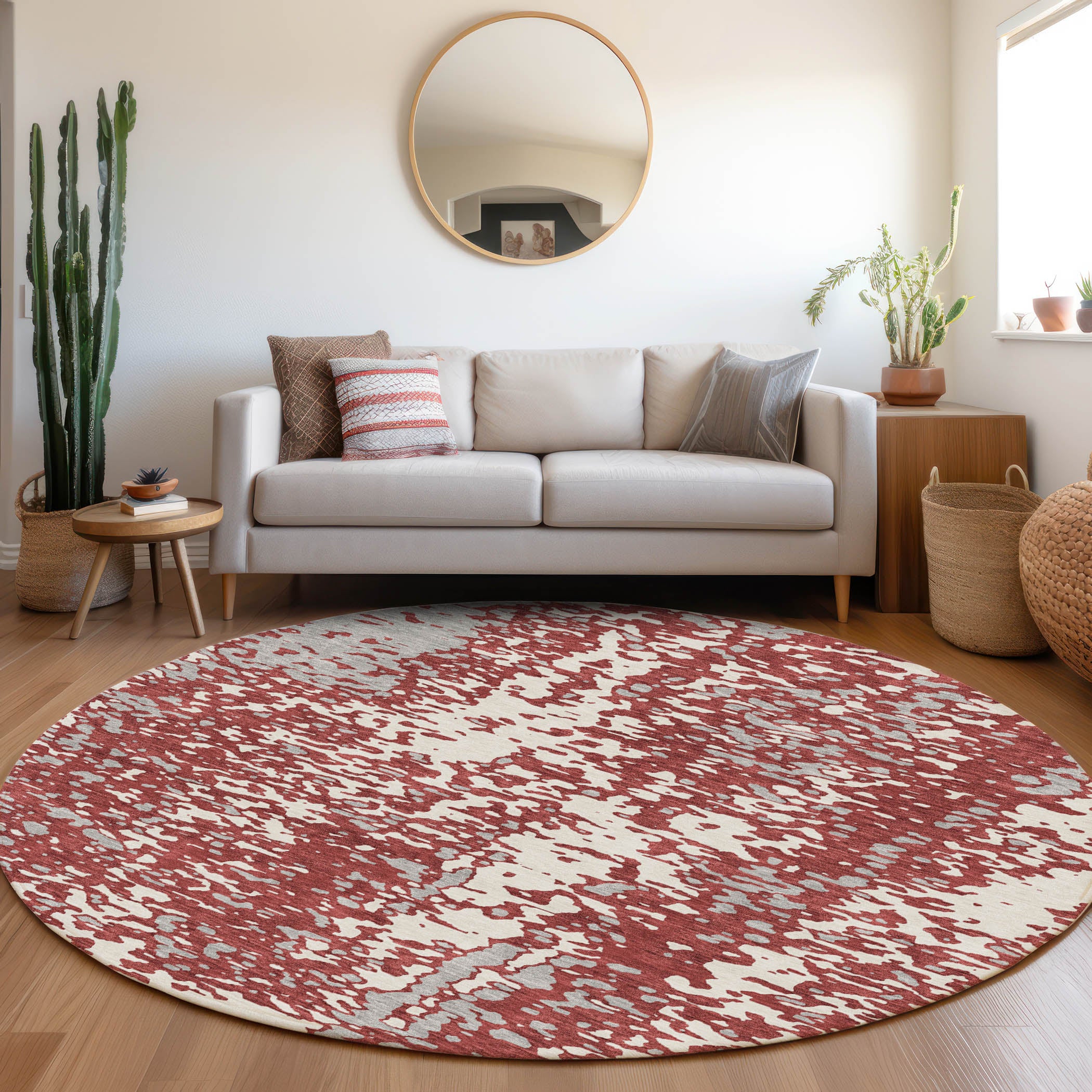 Rome Machine Washable Transitional Garnet Red Rug 8' x 8' #shape_Round