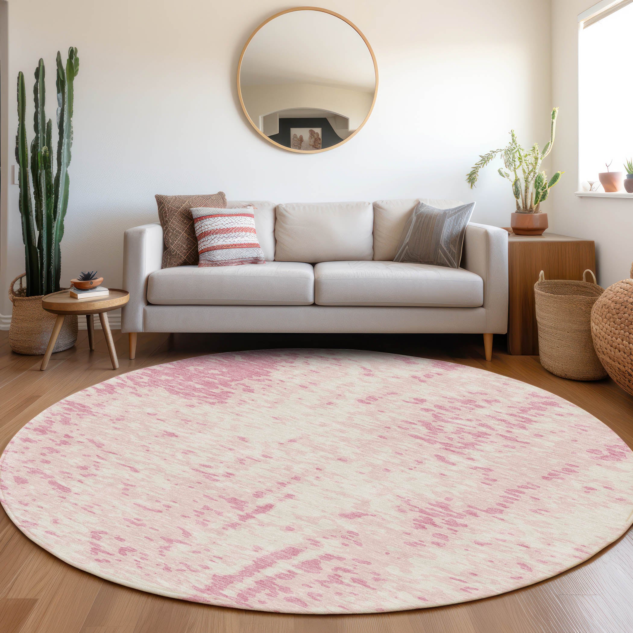 Rome Machine Washable Transitional Pink Rug 8' x 8' #shape_Round