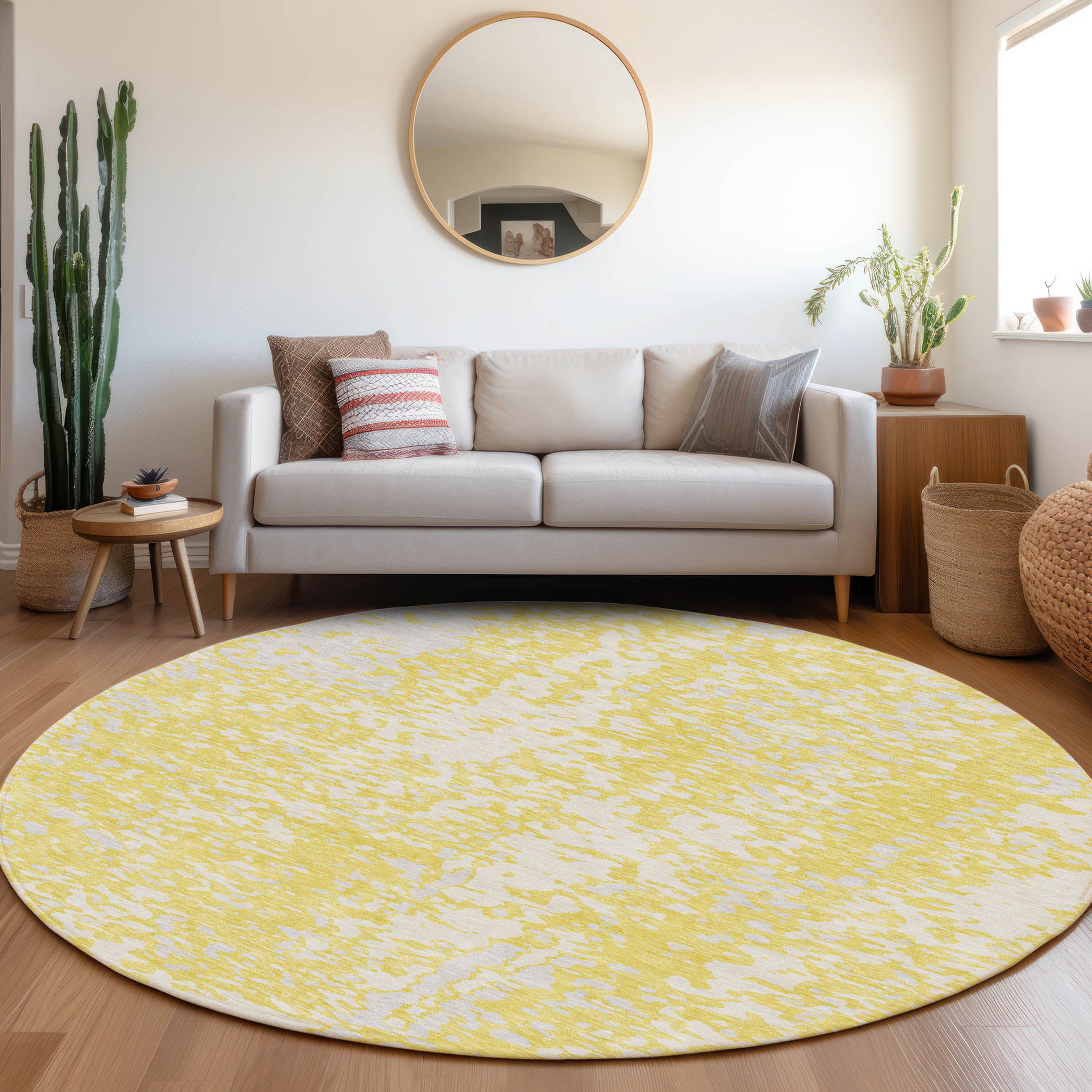 Rome Machine Washable Transitional Yellow Gold Rug 8' x 8' #shape_Round