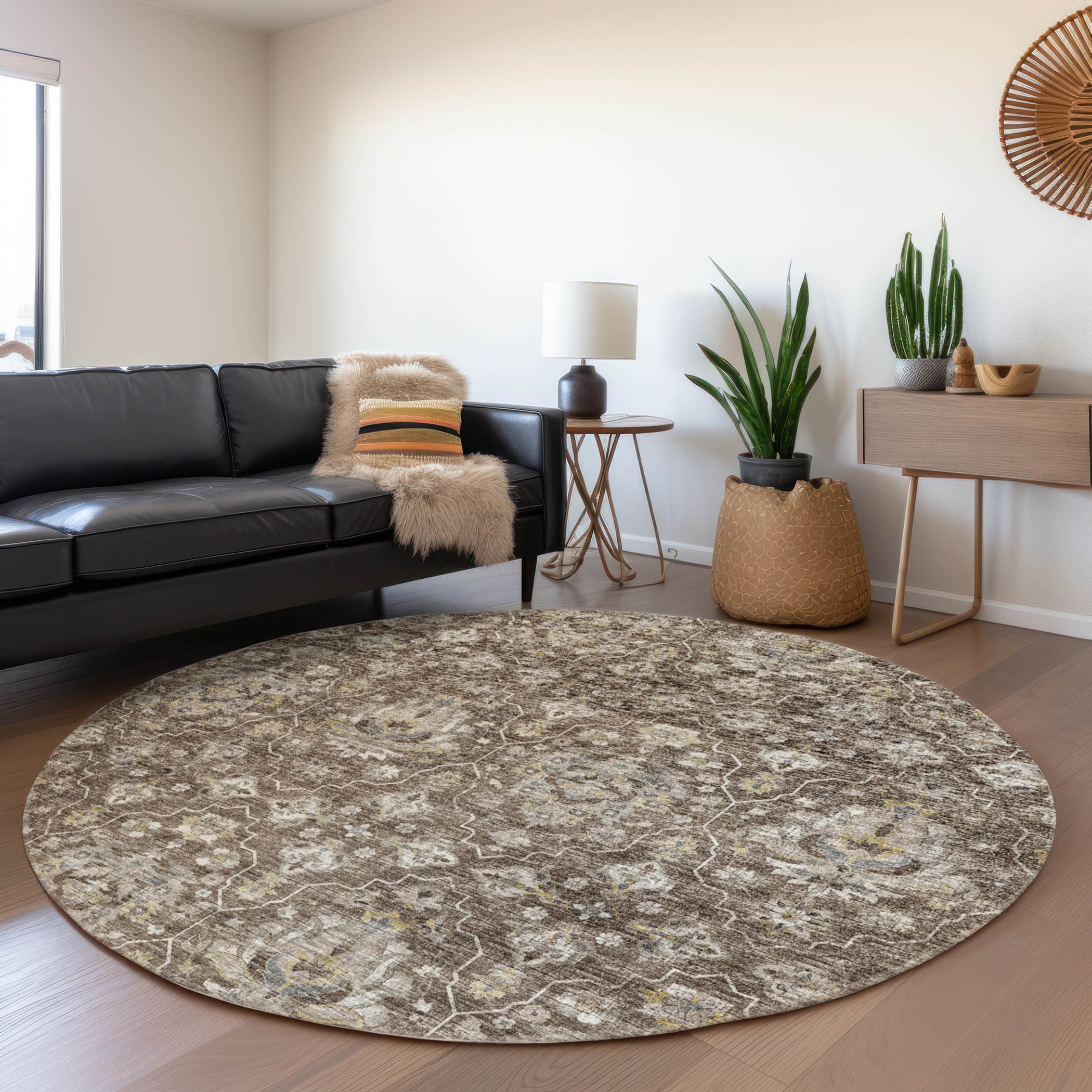 Ghent Machine Washable Traditional Driftwood Brown Rug 8' x 8' #shape_Round