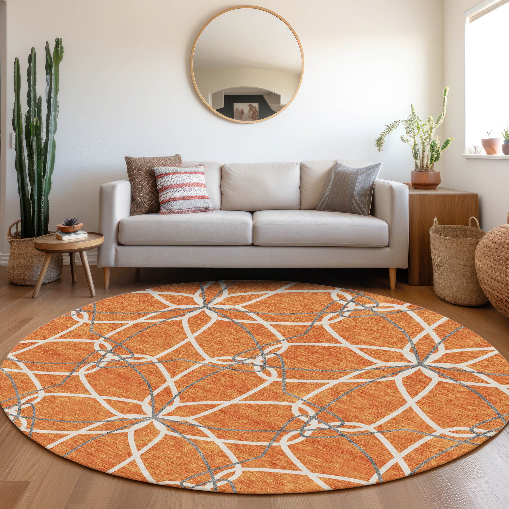 Cusco Machine Washable Transitional Orange Rug 8' x 8' #shape_Round