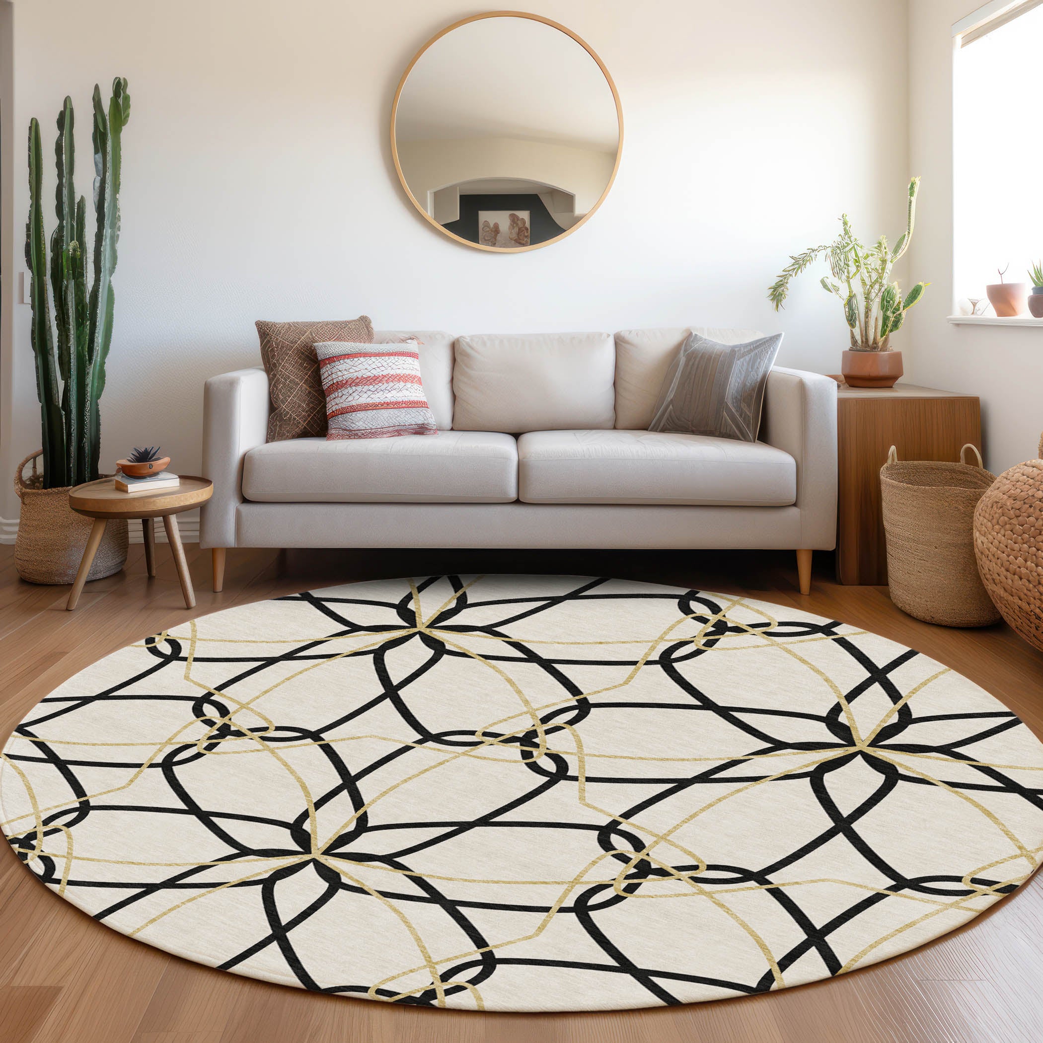 Cusco Machine Washable Transitional White Ivory Rug 8' x 8' #shape_Round