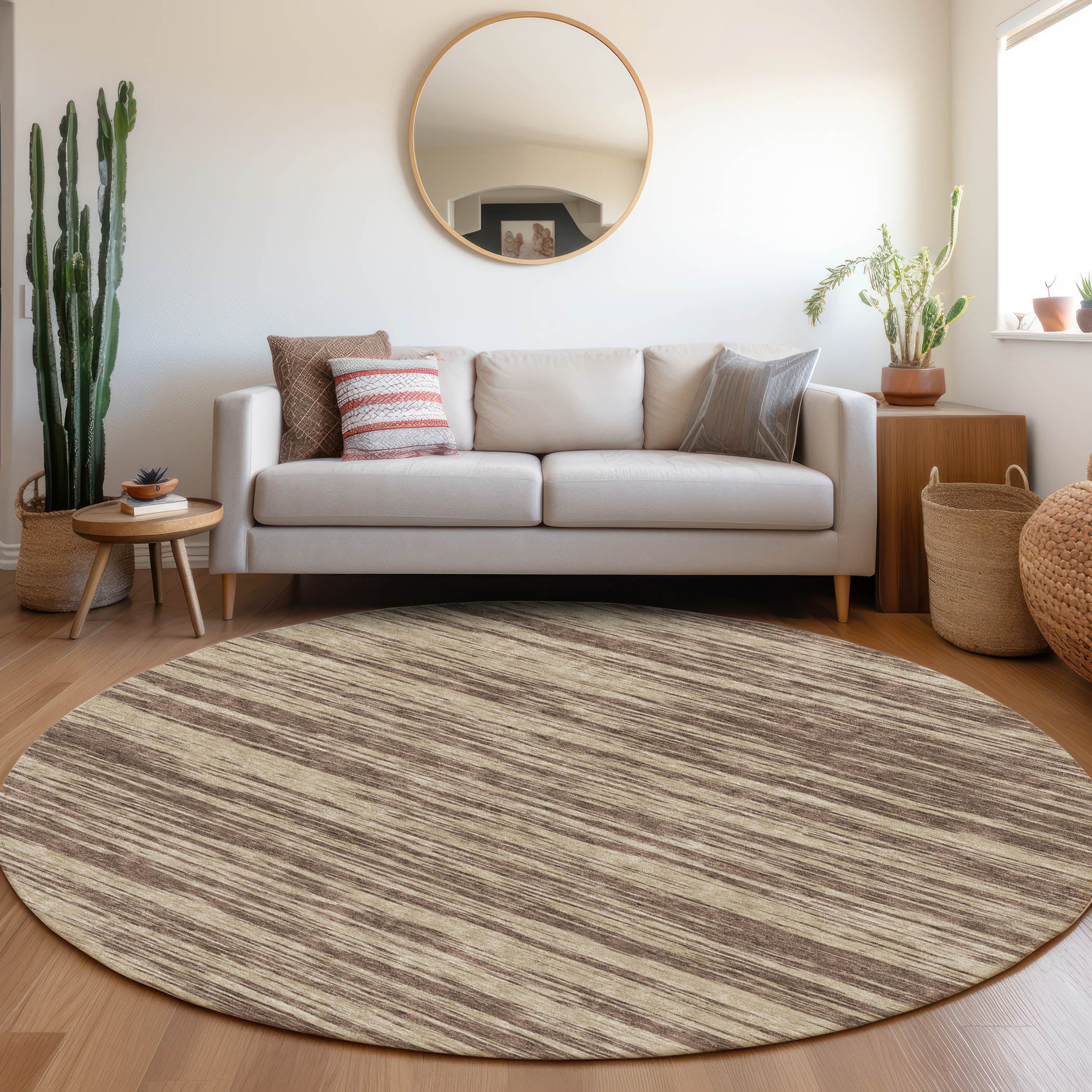 Montevideo Machine Washable Transitional Brown Rug 8' x 8' #shape_Round