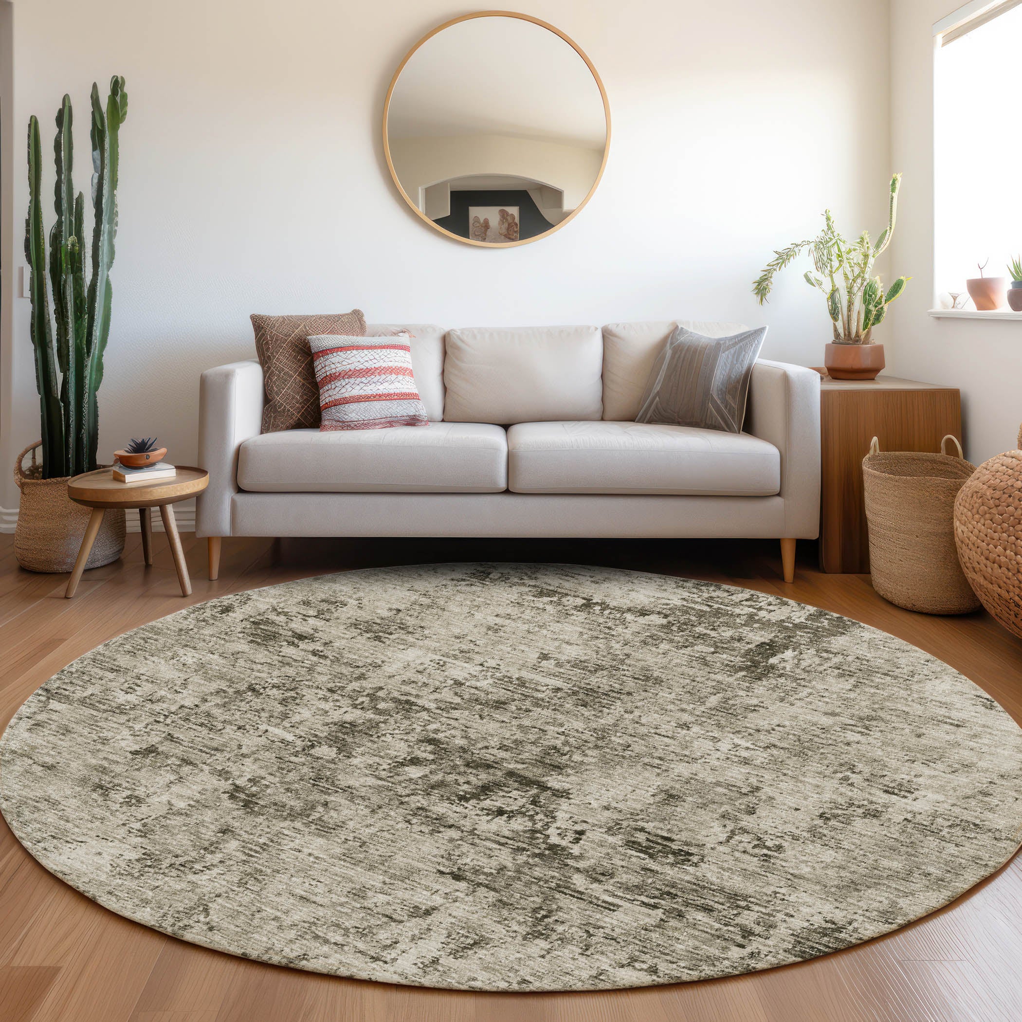 Kyoto Machine Washable Transitional Beige Brown Rug 8' x 8' #shape_Round