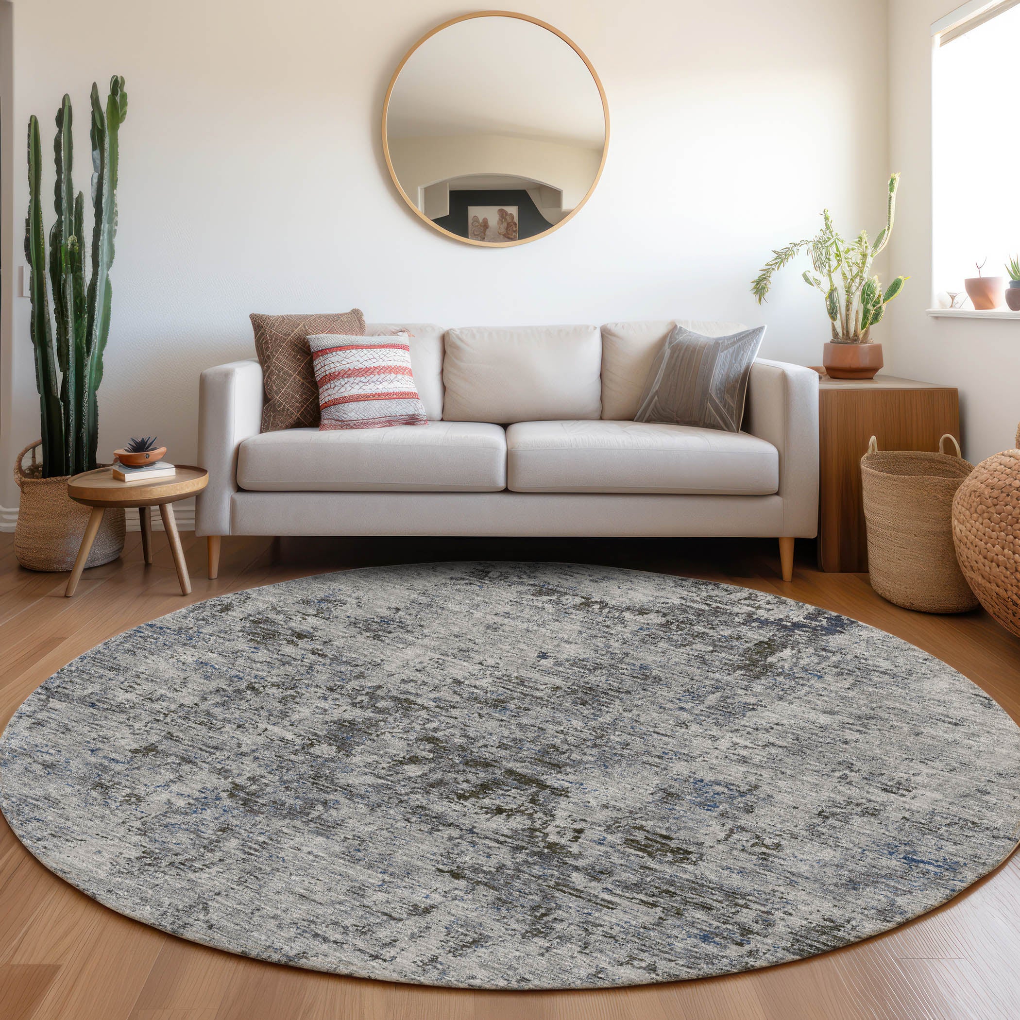 Kyoto Machine Washable Transitional Gray Rug 8' x 8' #shape_Round