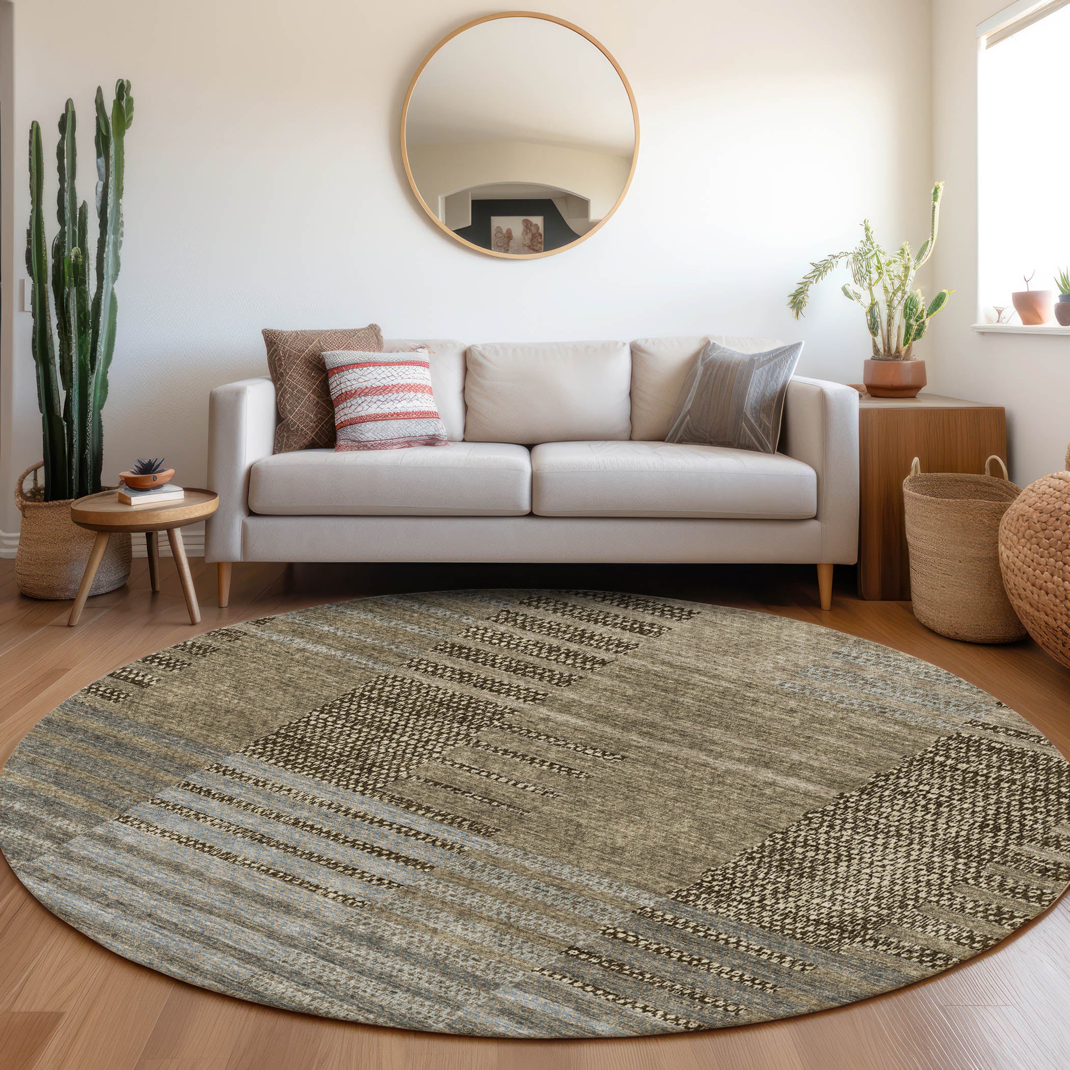 Mostar Machine Washable Transitional Taupe Brown Rug 8' x 8' #shape_Round