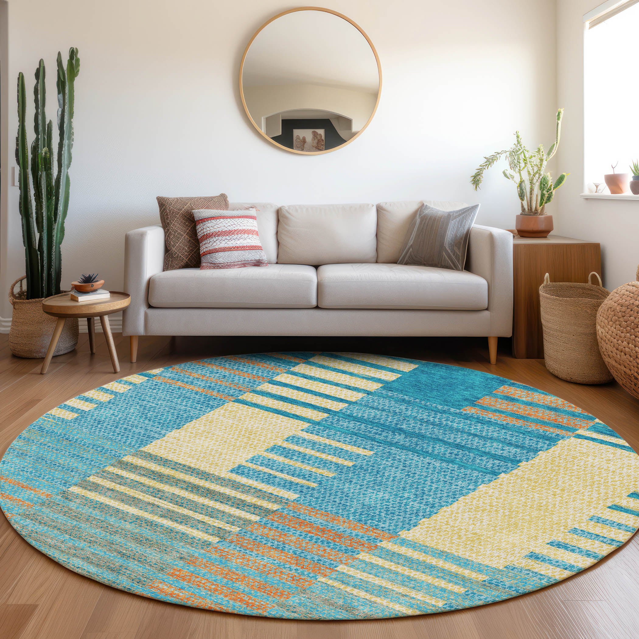 Mostar Machine Washable Transitional Teal Rug 8' x 8' #shape_Round