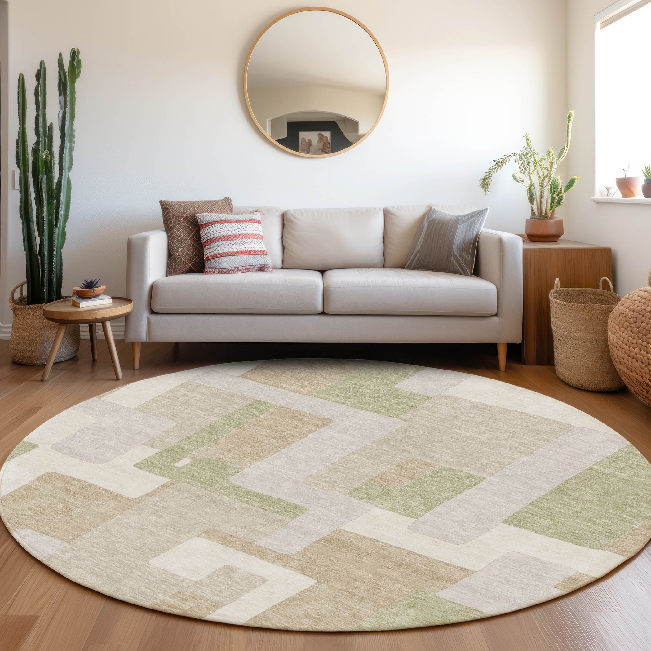 Salzburg Machine Washable Transitional Beige Brown Rug 8' x 8' #shape_Round