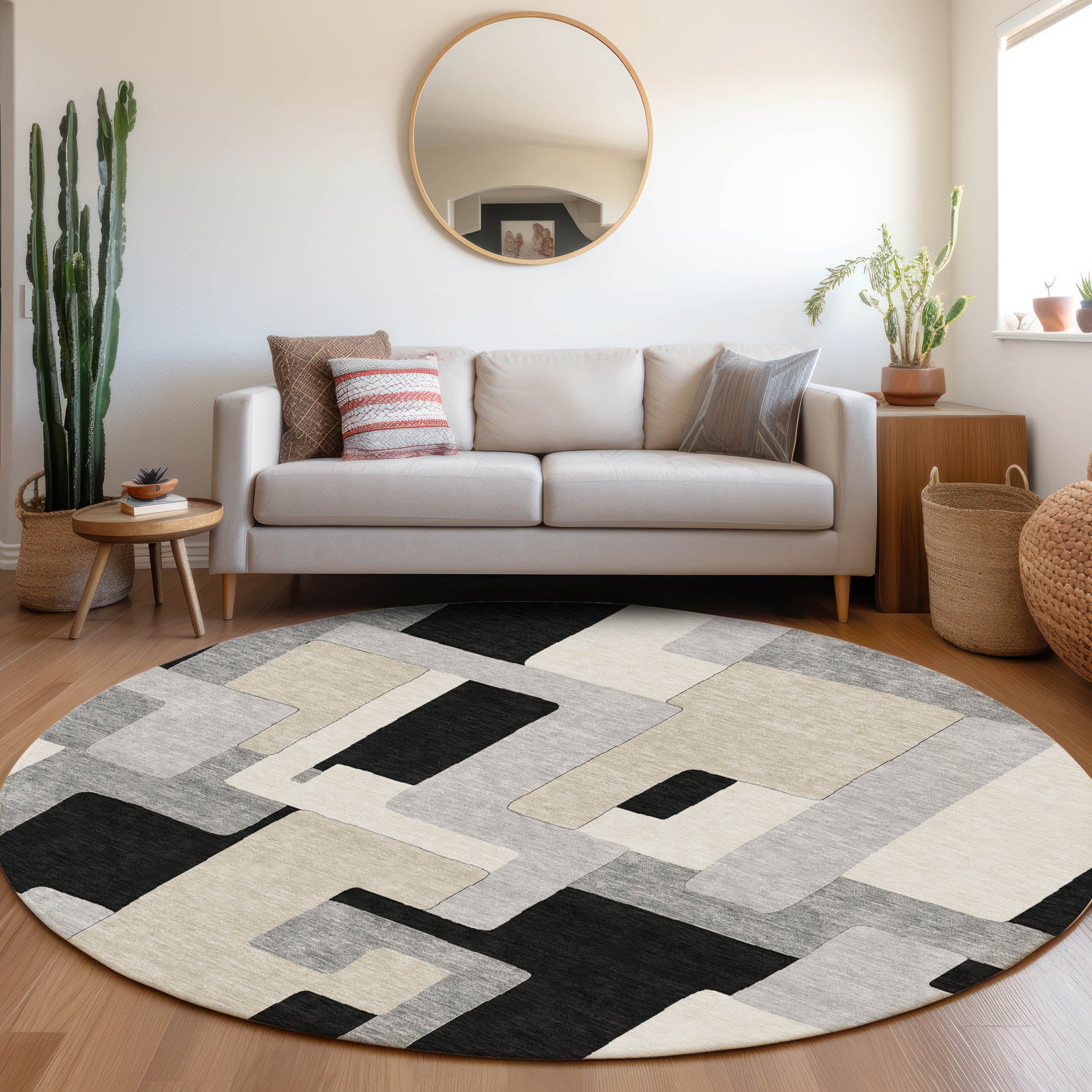 Salzburg Machine Washable Transitional Black Rug 8' x 8' #shape_Round
