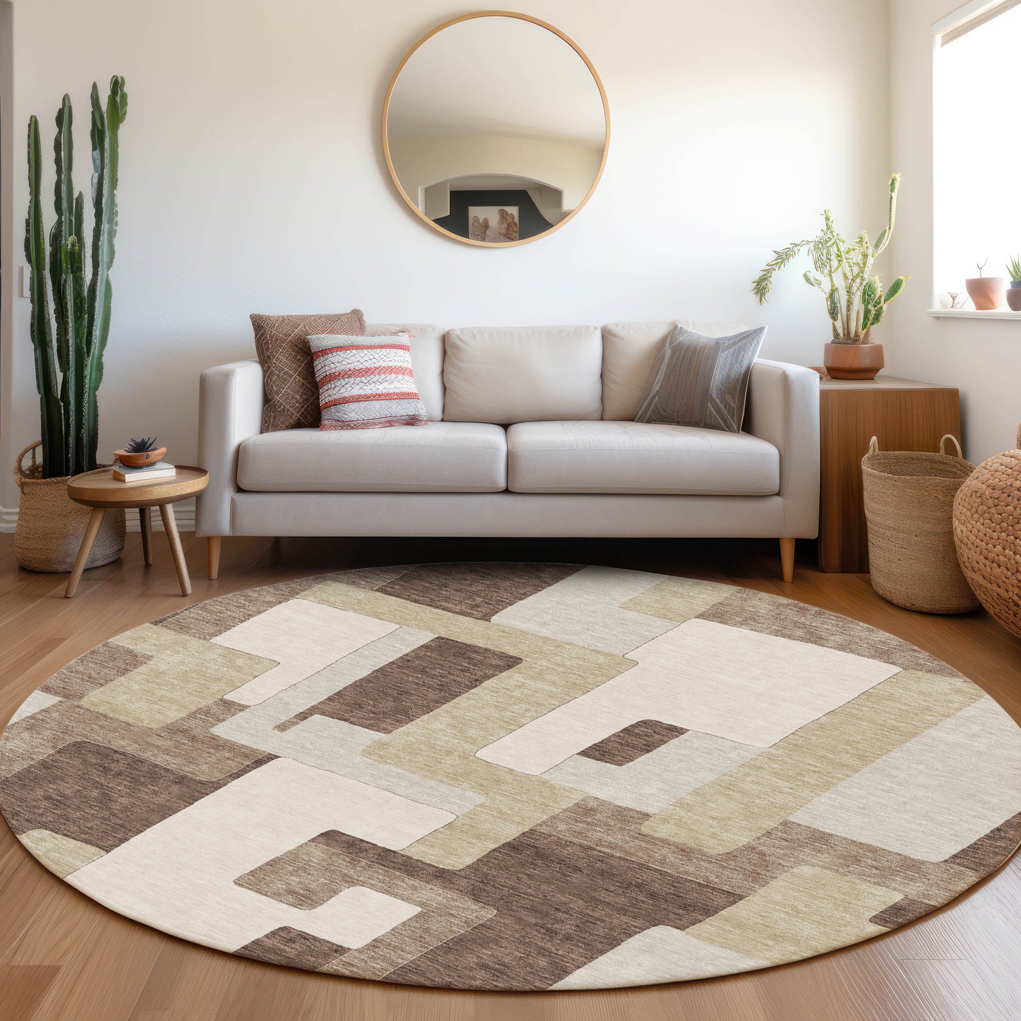 Salzburg Machine Washable Transitional Brown Rug 8' x 8' #shape_Round