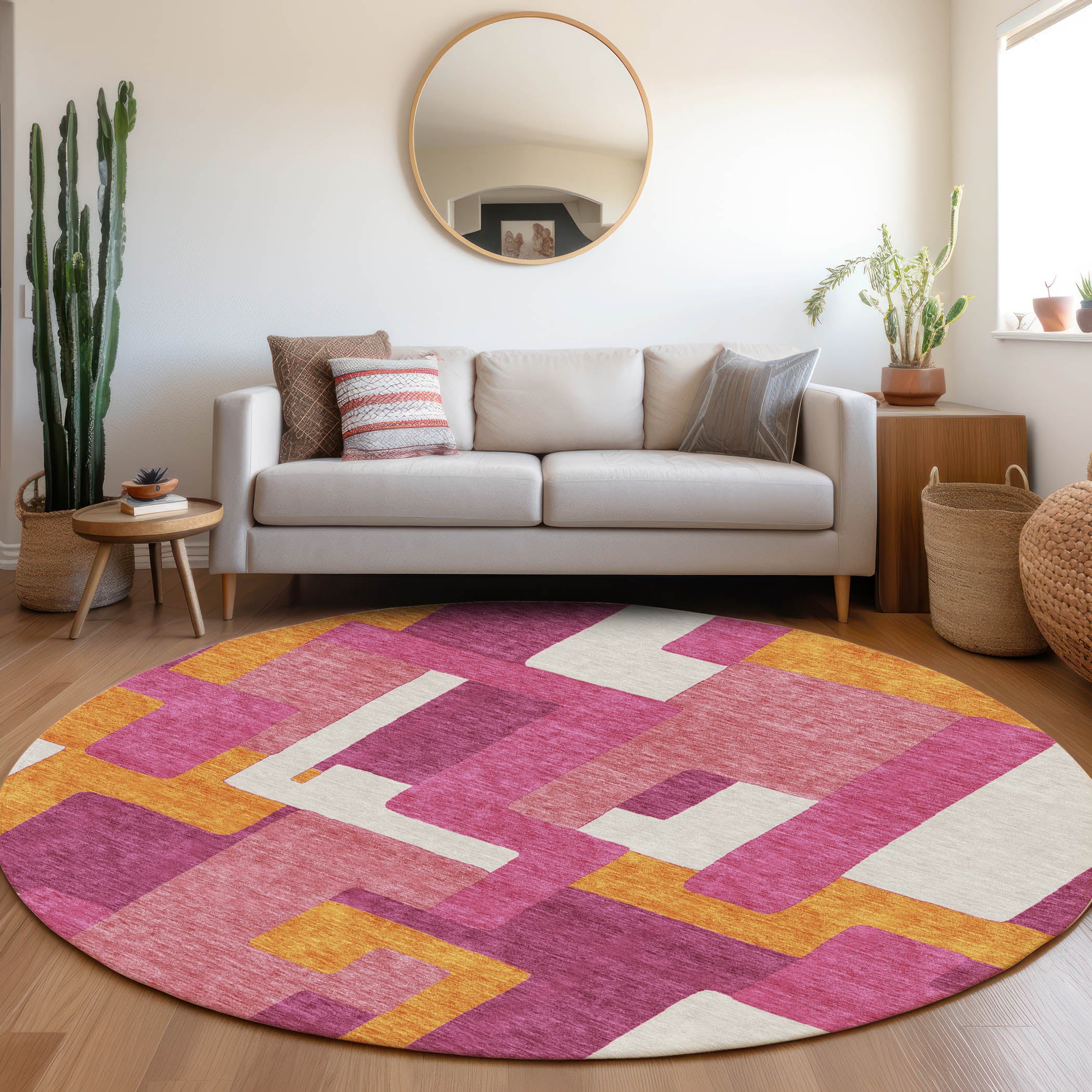 Salzburg Machine Washable Transitional Pink Rug 8' x 8' #shape_Round