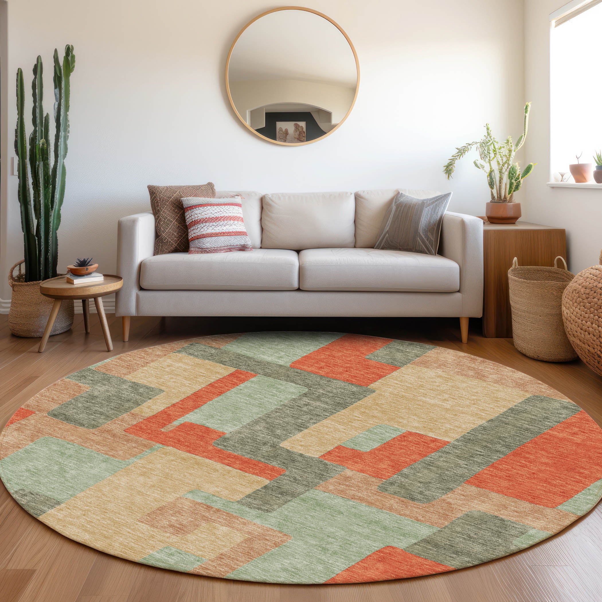 Salzburg Machine Washable Transitional Sage Green Rug 8' x 8' #shape_Round