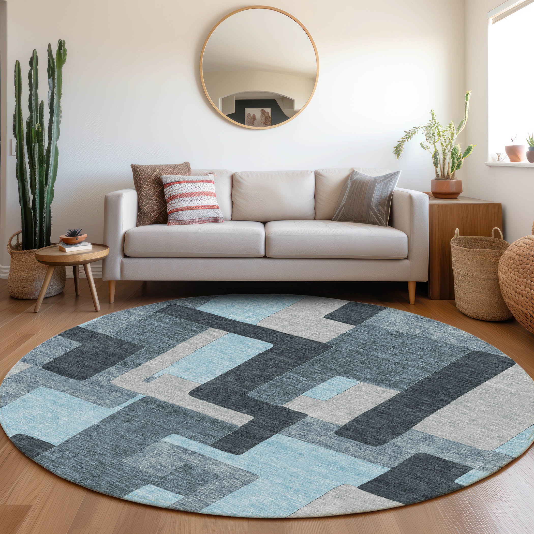 Salzburg Machine Washable Transitional Sky Blue Rug 8' x 8' #shape_Round