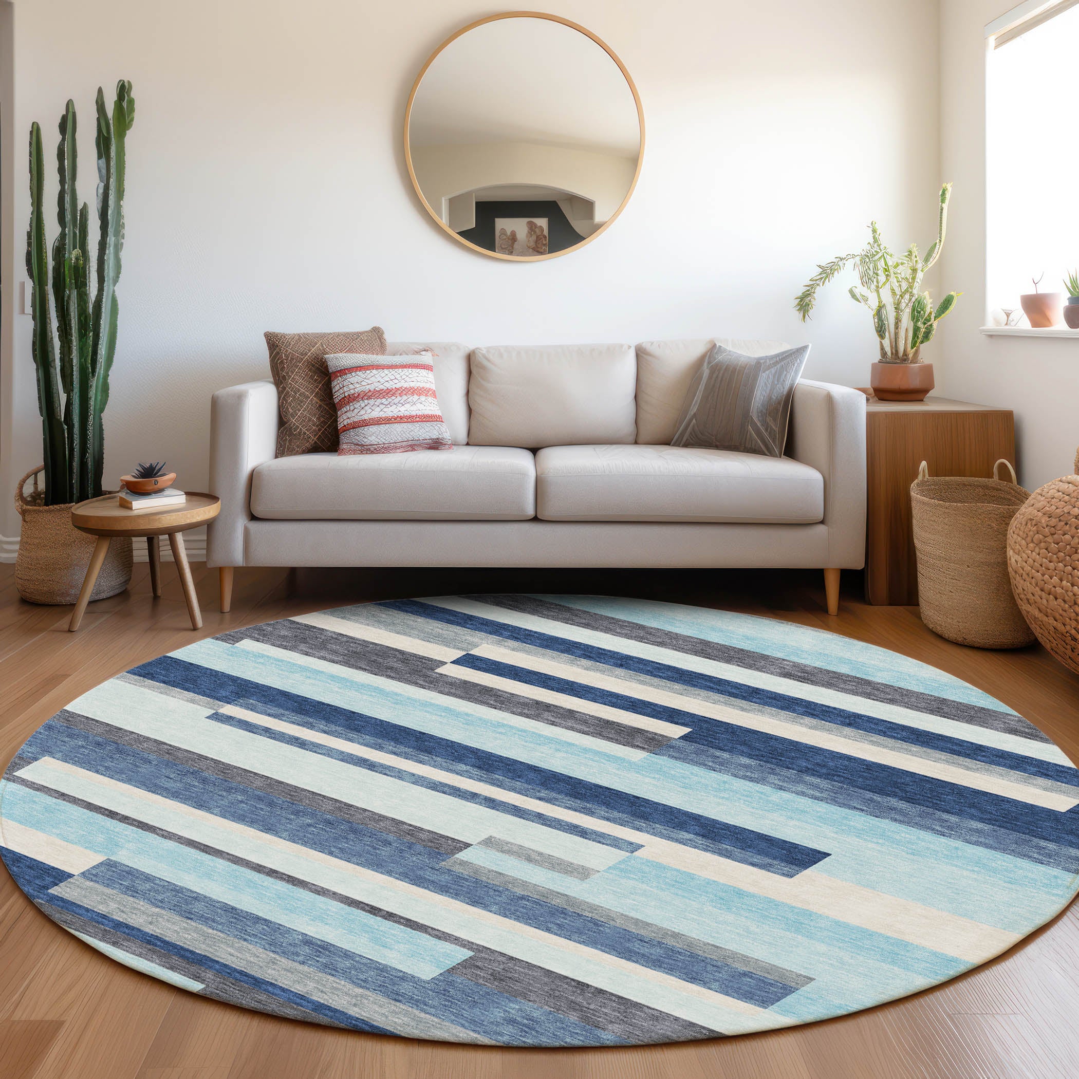 Tallinn Machine Washable Transitional Blue Rug 8' x 8' #shape_Round