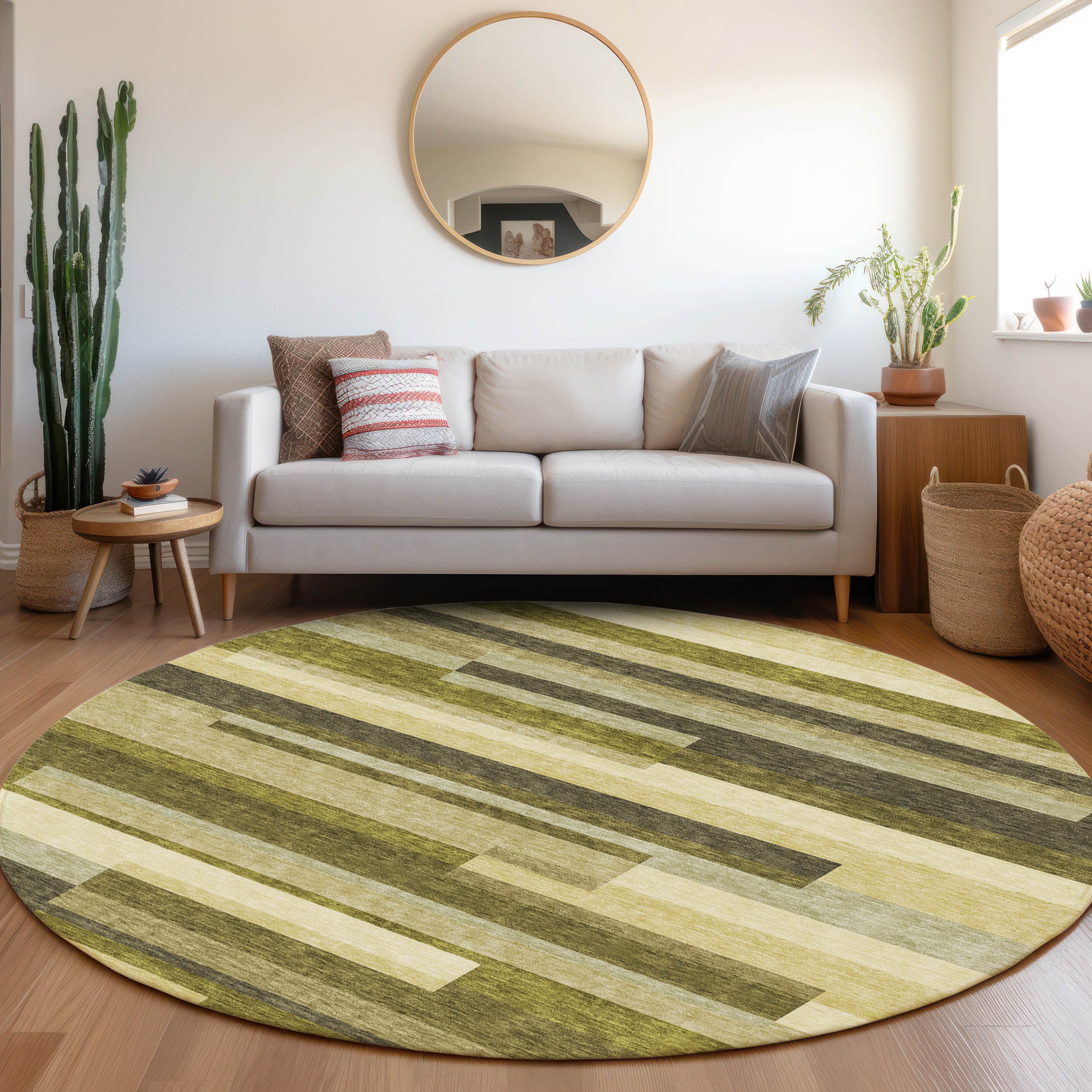 Tallinn Machine Washable Transitional Olive Green Rug 8' x 8' #shape_Round