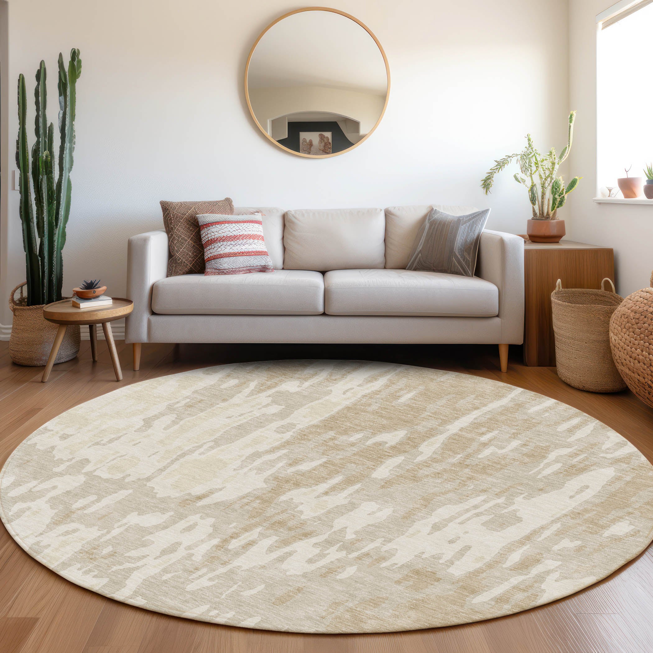 Seoul Machine Washable Transitional Beige Brown Rug 8' x 8' #shape_Round