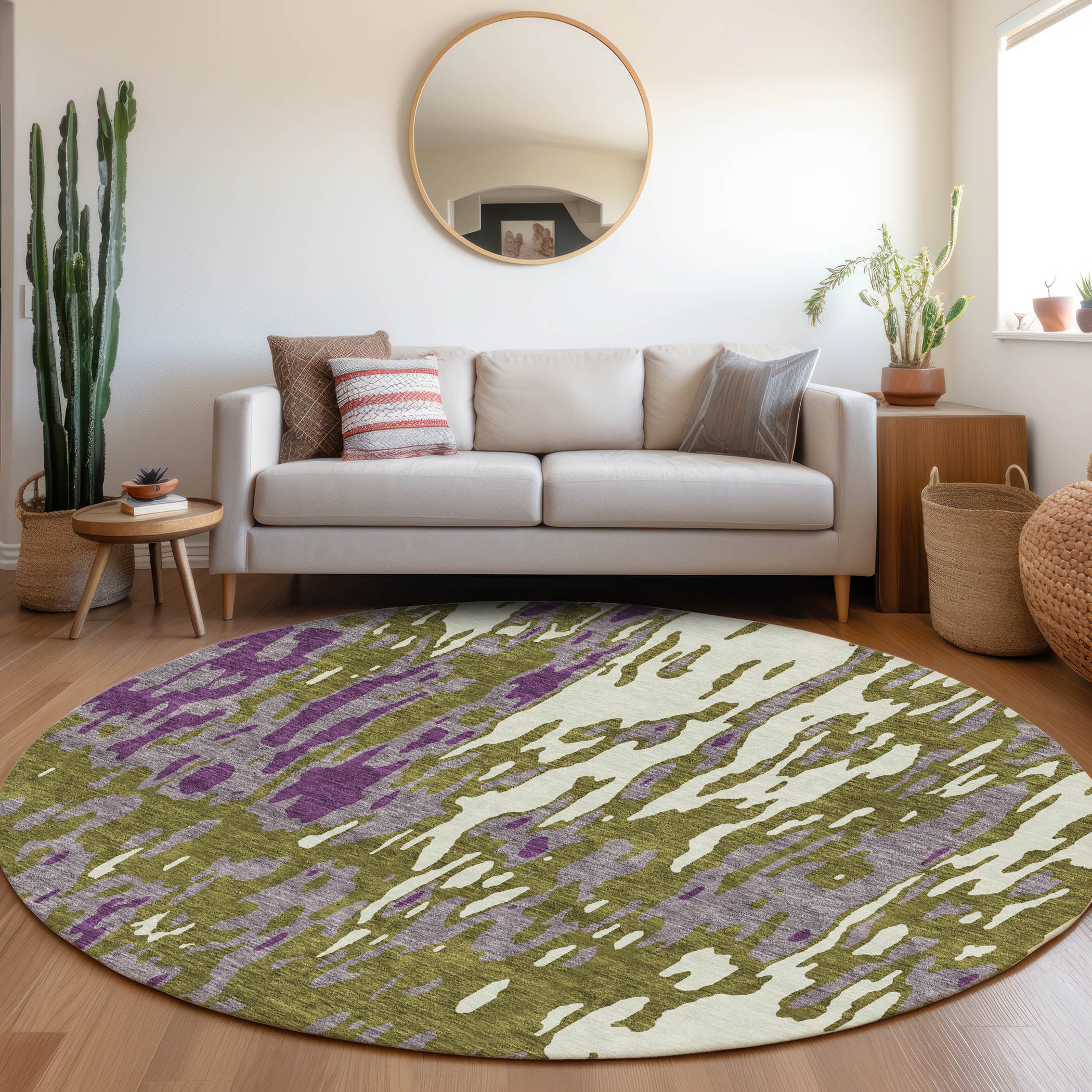 Seoul Machine Washable Transitional Olive Green Rug 8' x 8' #shape_Round