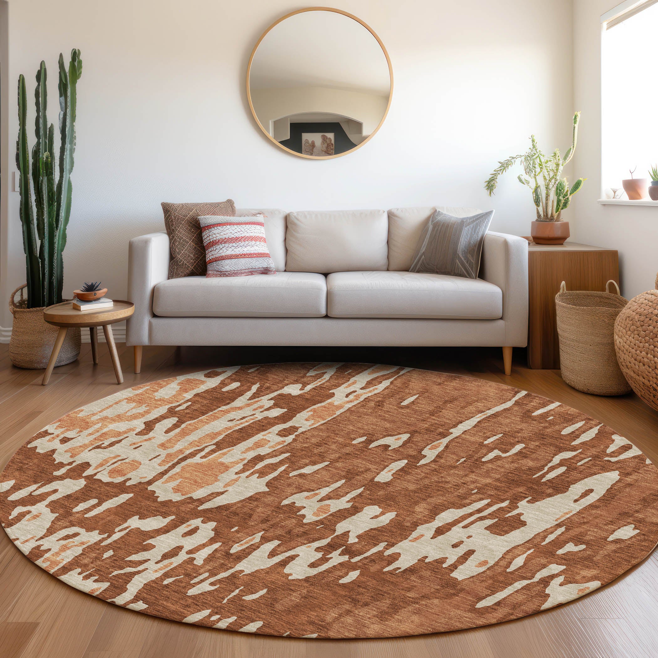 Seoul Machine Washable Transitional Paprika Orange Rug 8' x 8' #shape_Round