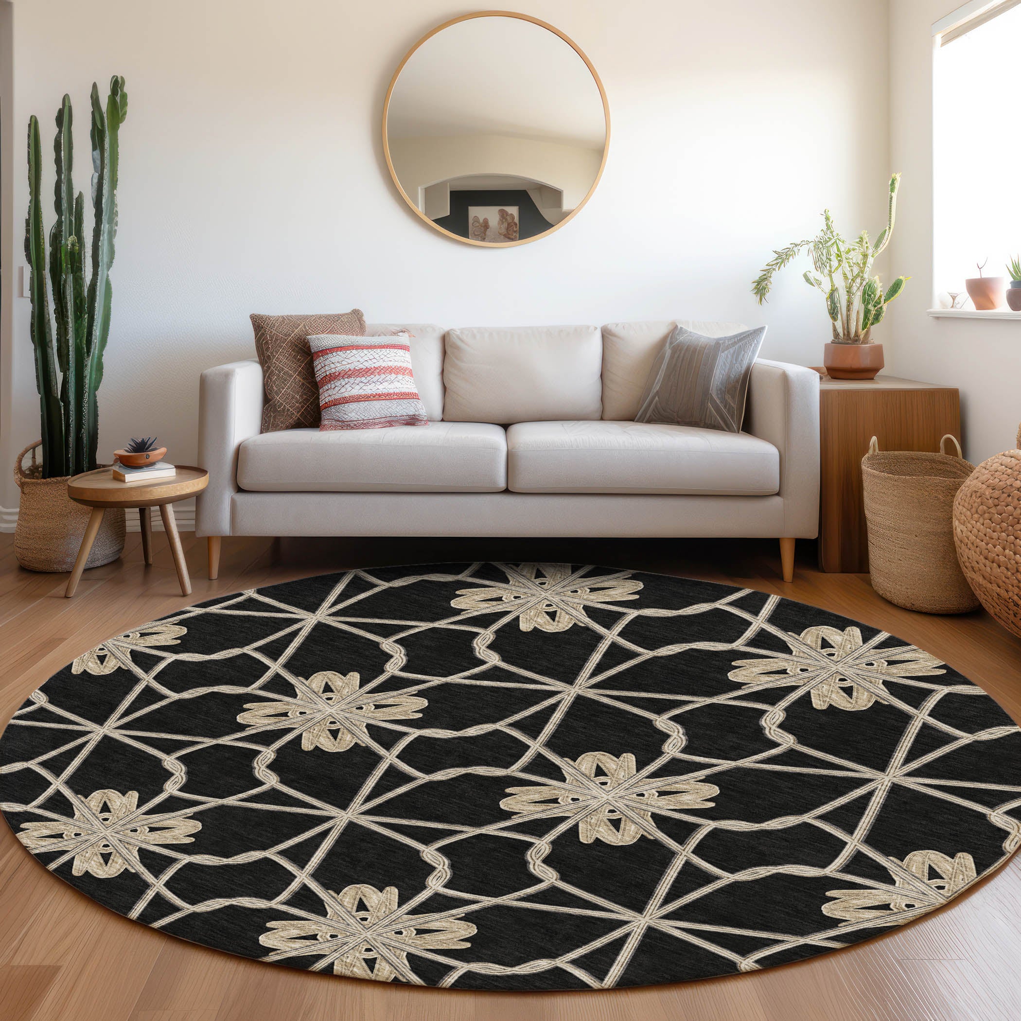 Salzburg Machine Washable Transitional Black Rug 8' x 8' #shape_Round