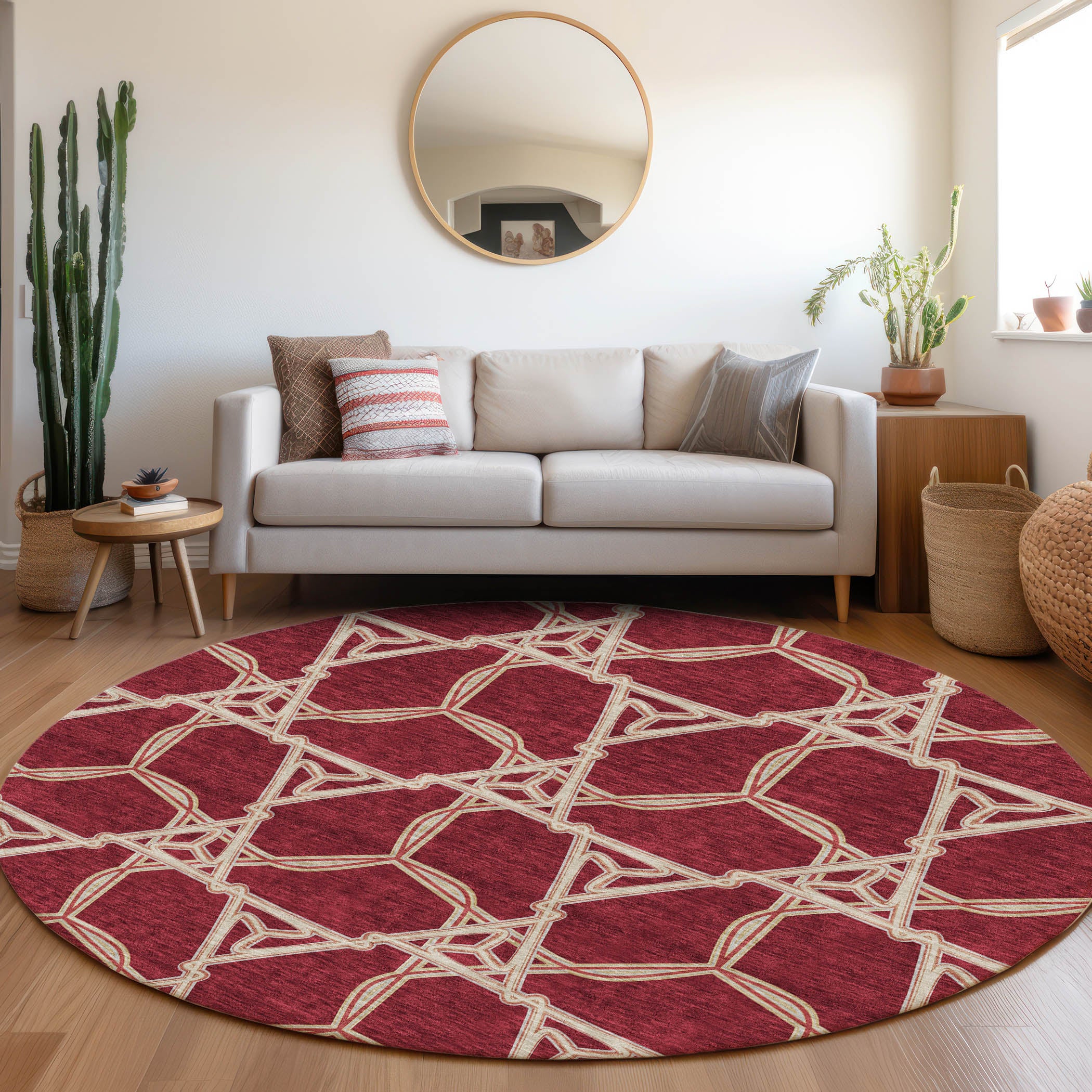 Cusco Machine Washable Transitional Burgundy Red Rug 8' x 8' #shape_Round