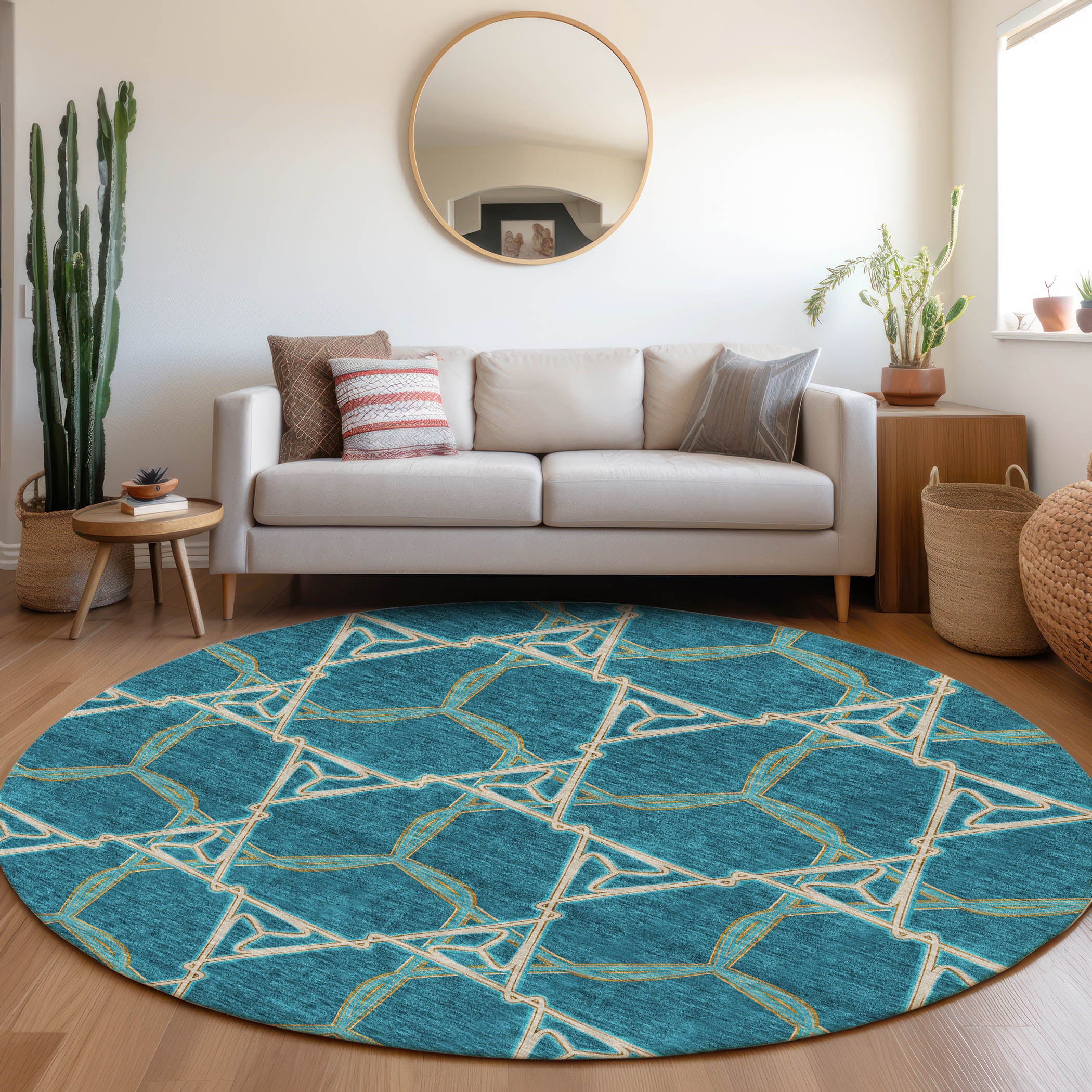 Cusco Machine Washable Transitional Teal Rug 8' x 8' #shape_Round