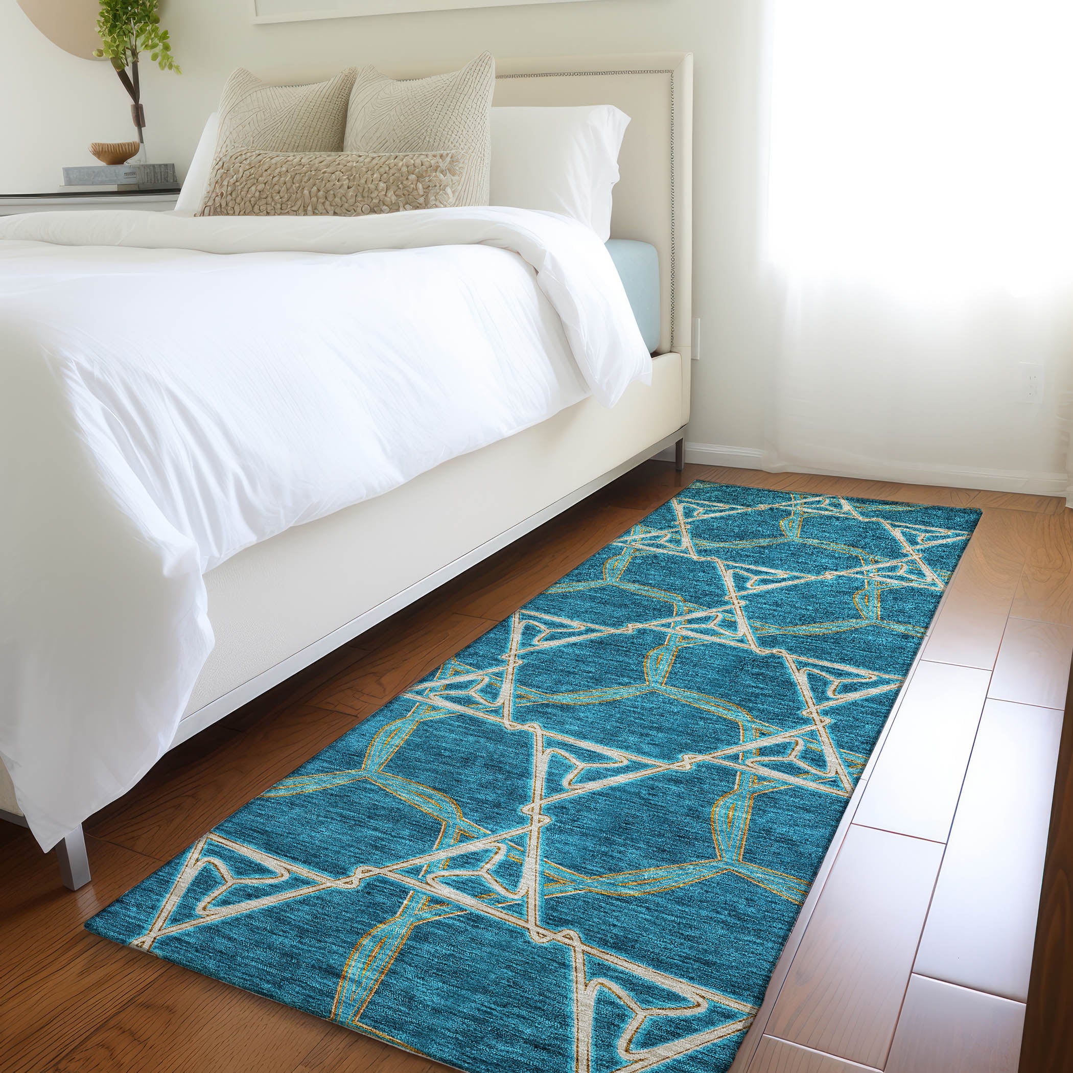 Cusco Machine Washable Transitional Teal Rug 2'3" x 7'6" #shape_Runner